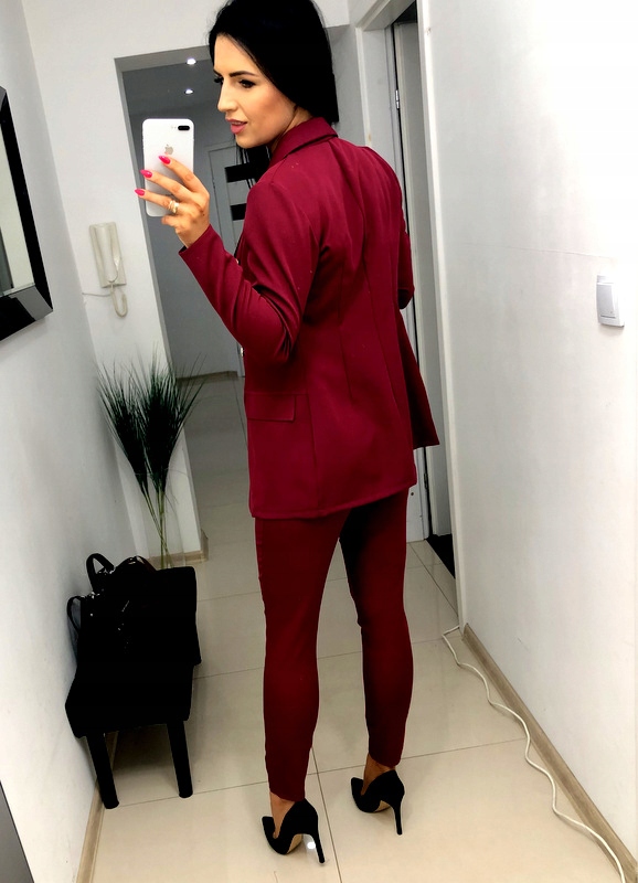 Damski Garnitur Garnitury Damskie Komplet Marynarka Spodnie Bordowy 2XL 44 Rękaw długi rękaw