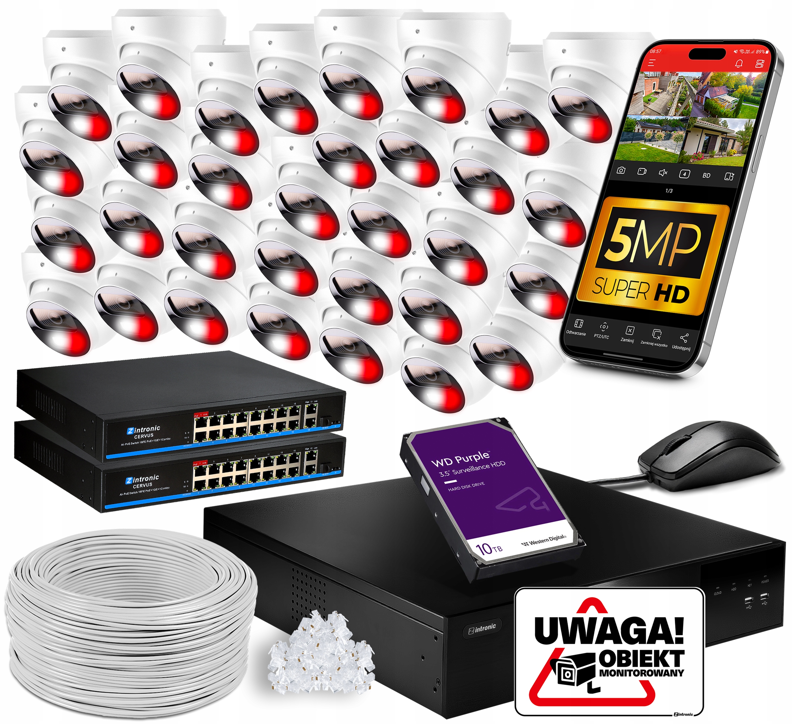 Sada Monitoringu Ip PoE 32 Kamer 5MPx Bílé Audio Detekce 10TB 2xSWITCH