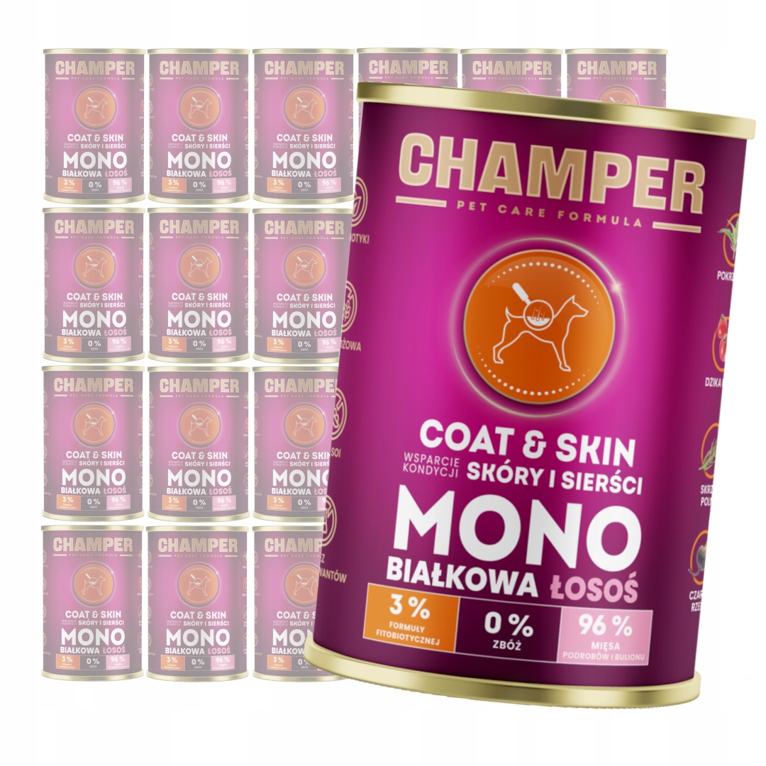 Champer Coat &amp; Skin 24x400g Monoproteinové Vlhké Krmivo pro psy s lososem