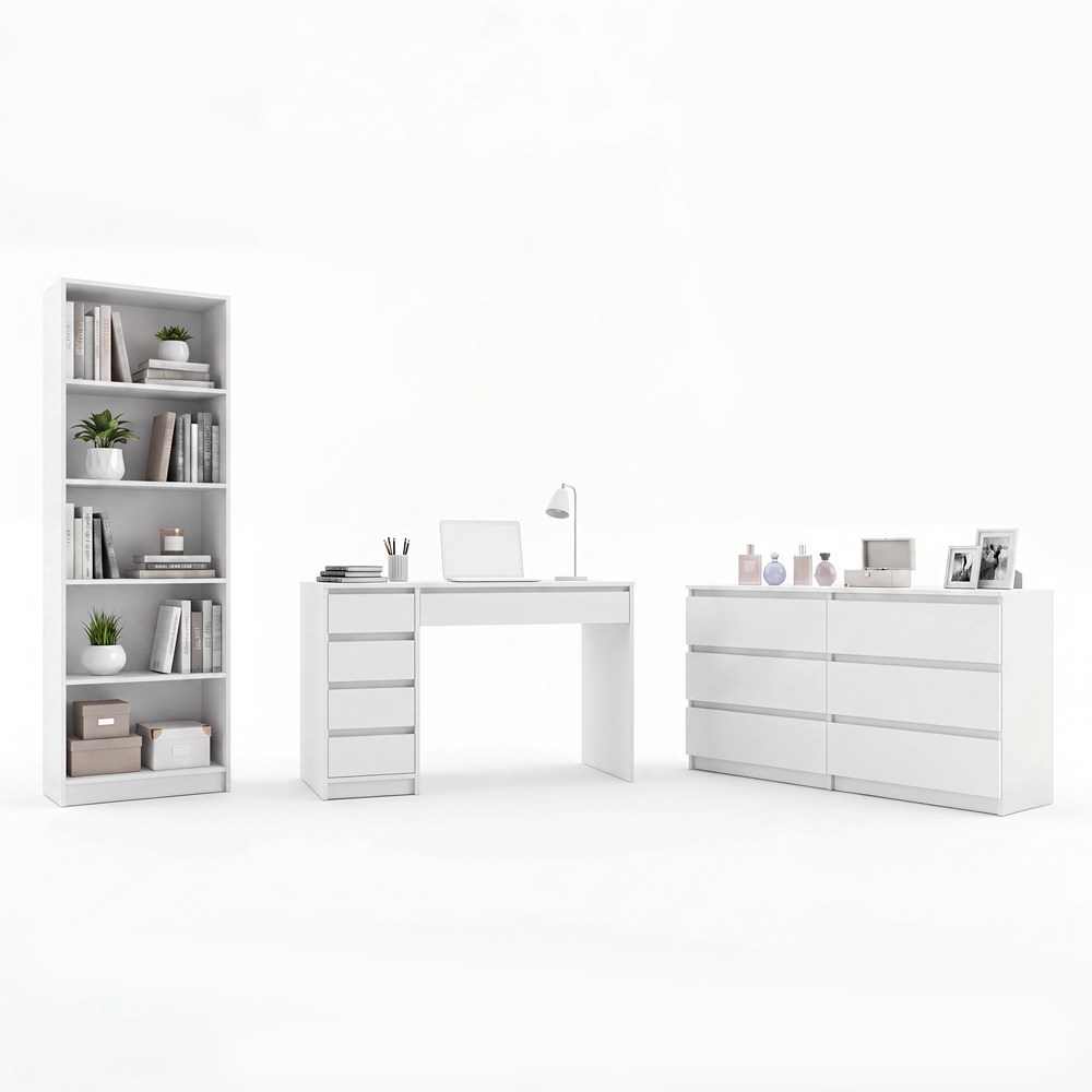 Set Nábytku Psací Stůl Arto Komoda Malwa M6 Regál R60 Bílý Do Pokoje Kanceláře