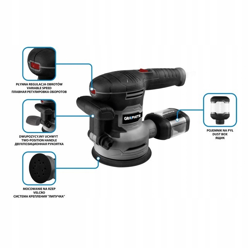 SZLIFIERKA MIMOŚRODOWA 125/150MM 450W, WALIZKA Marka GRAHPITE