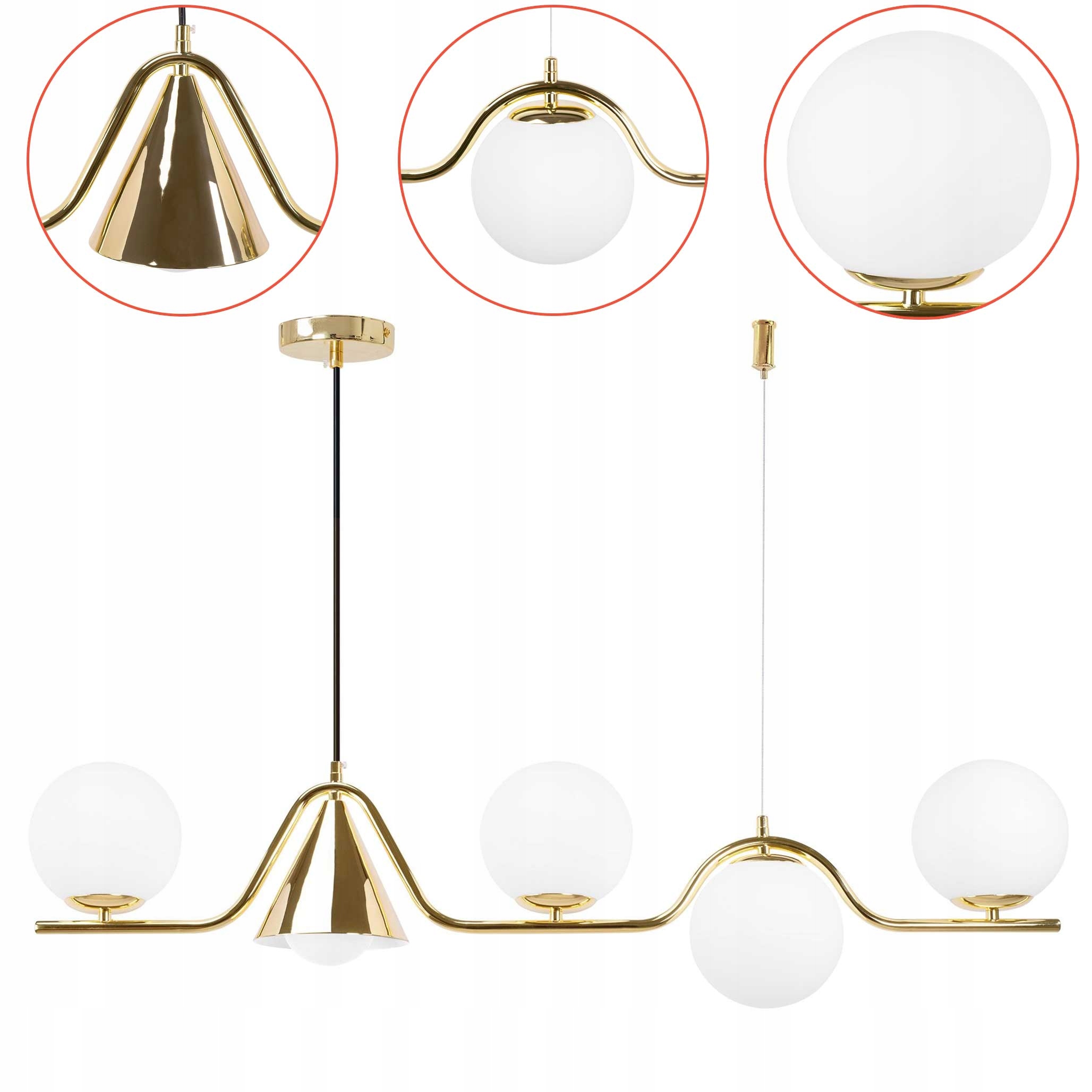 Elegantní Lineární závěsná lampa Zlatá Mléčná Bílá Koule Geometrická 5xE27