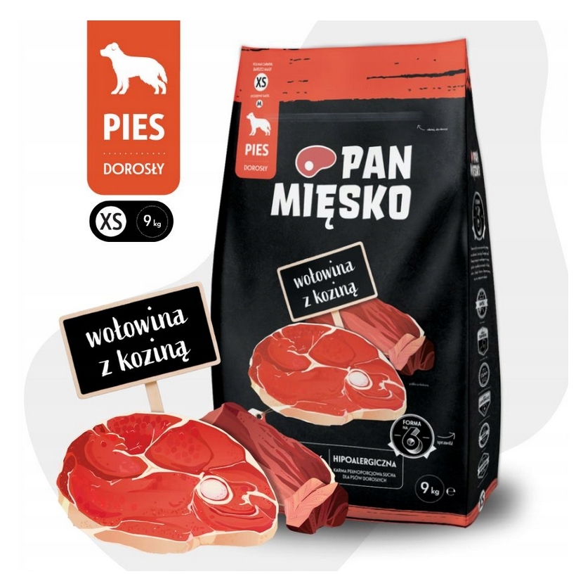 Levně Pan Mięsko Krmivo suché pro psa Hovězí Kozina Zelenina Malá plemena Xs 9 kg