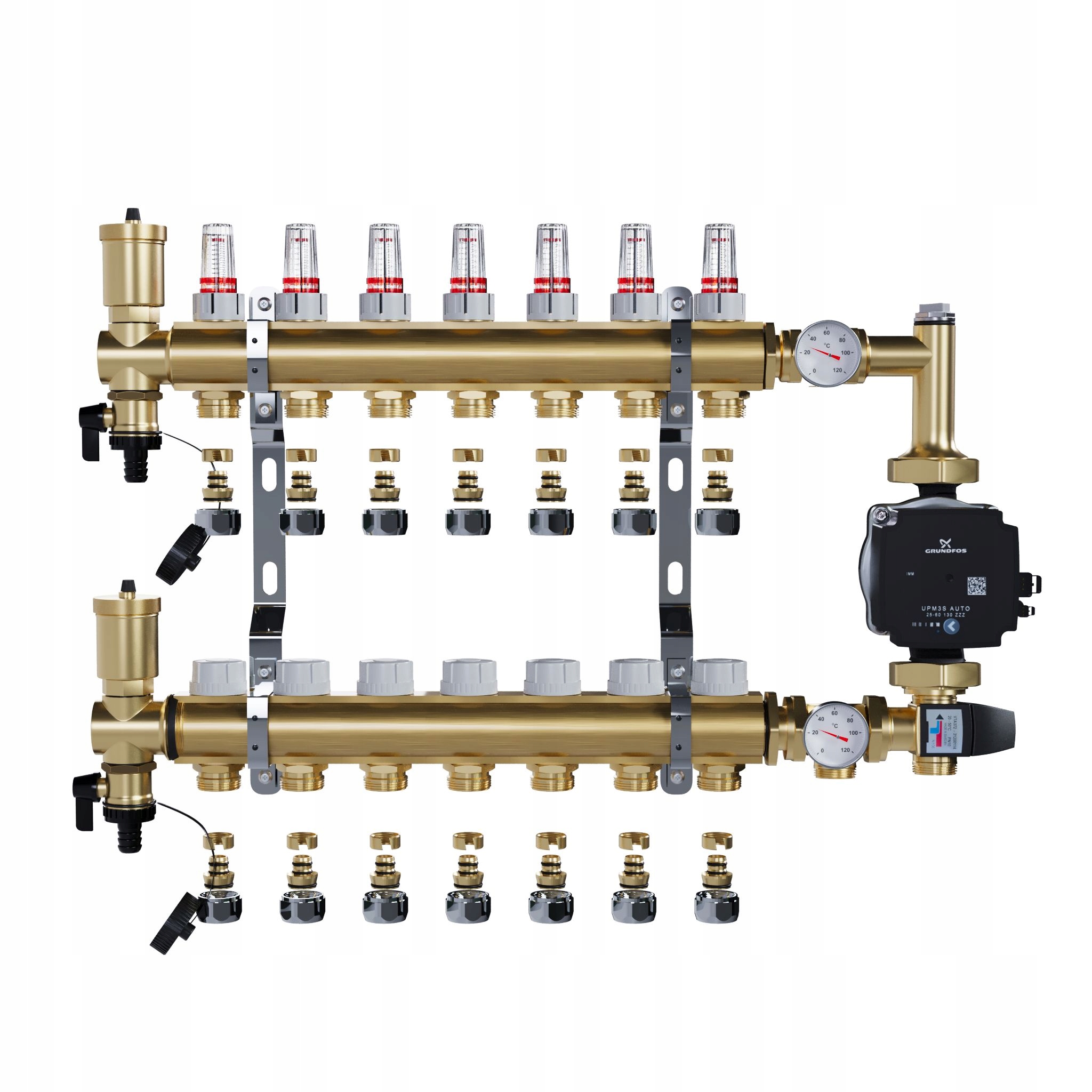Rozdělovač pro podlahové topení 7 sekcí a Spojky Pex+pompa Grundfos