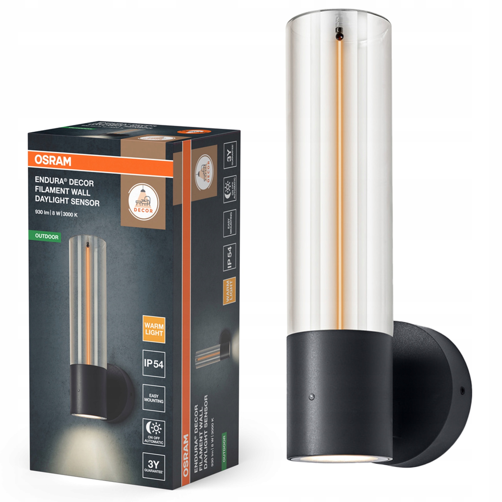 Záhradná lampa Led so senzorom súmraku 8W 3000K IP54 Endura