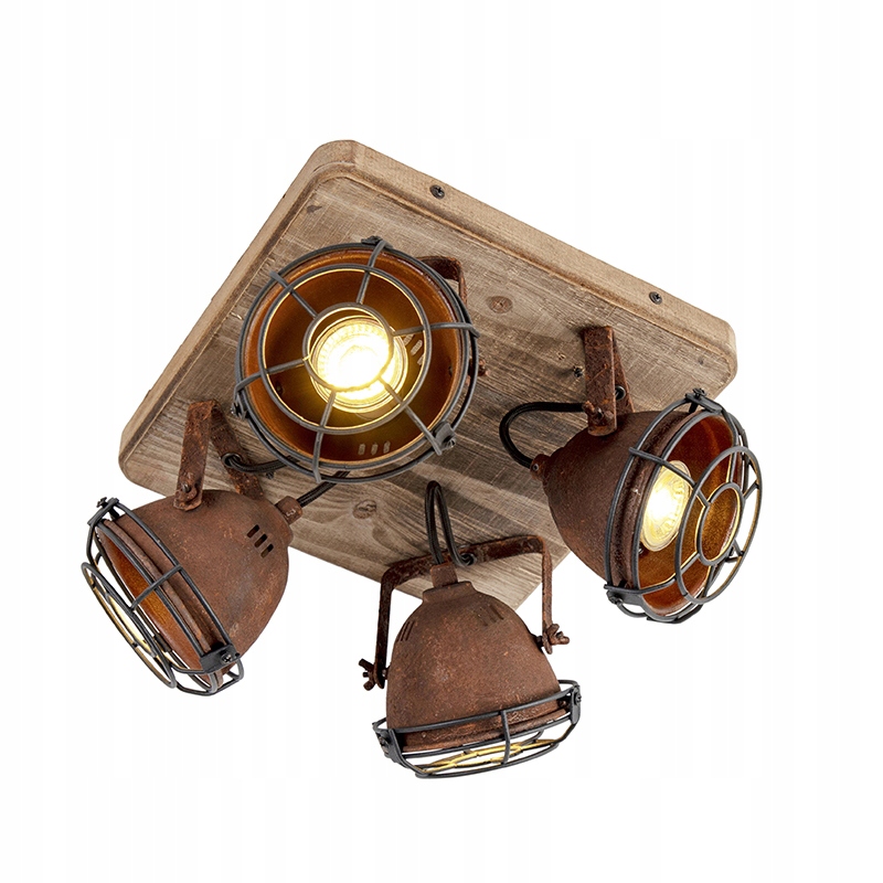 Industriálny reflektor hrdzavo-hnedý s drevom a 4 svetlami