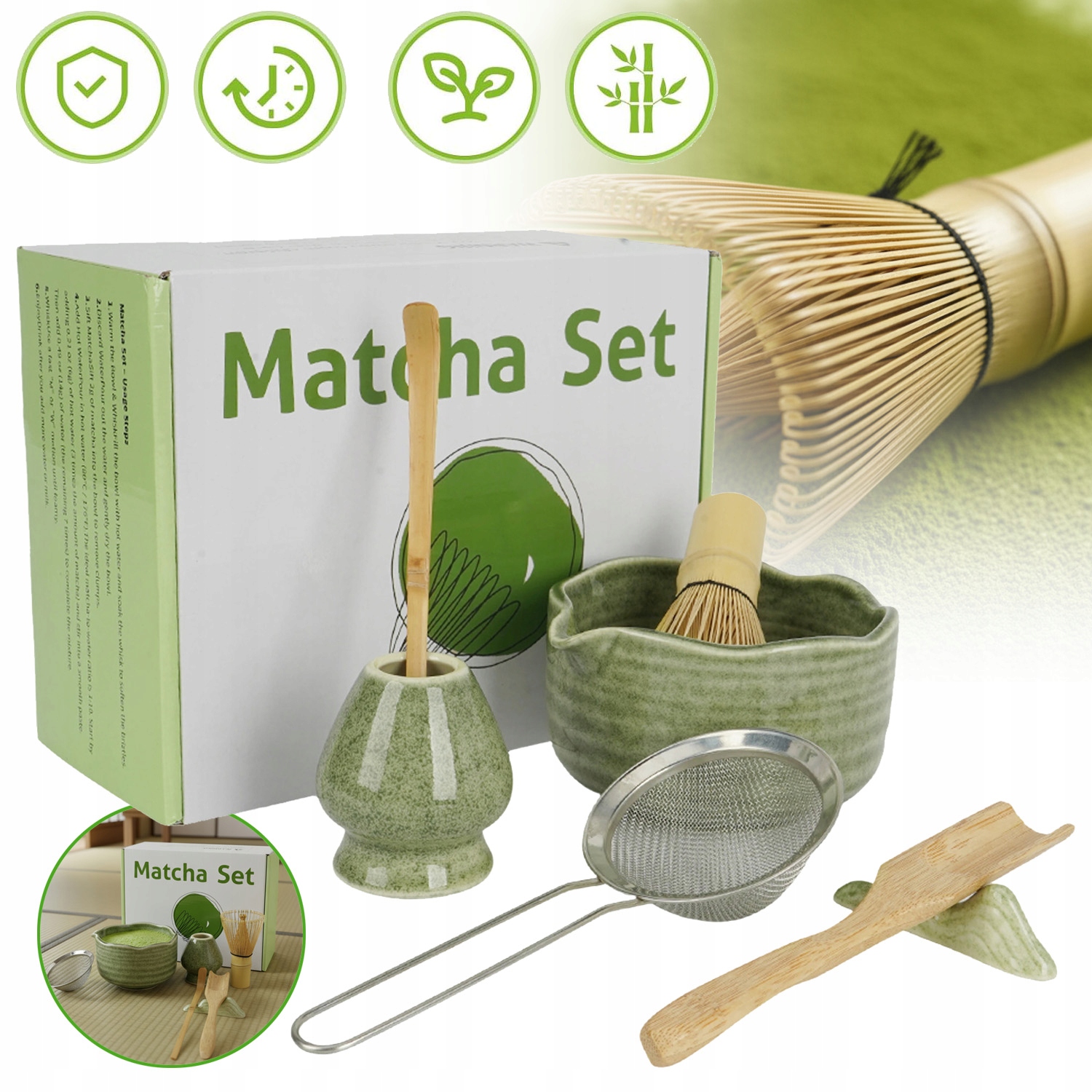 Zestaw Narzędzi Do Przygotowywania Matchy Z Miską Trzepaczką Sitkiem Łyżką