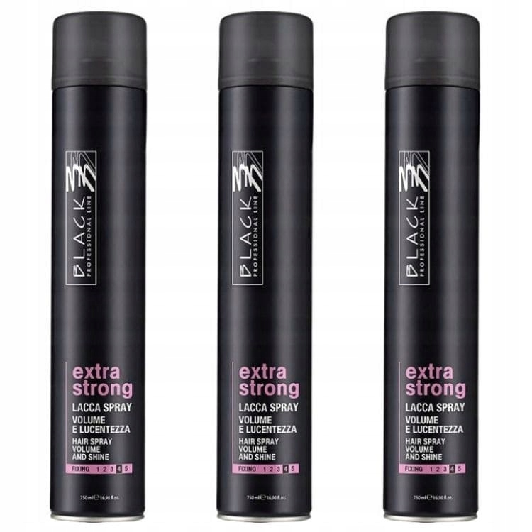 3X Černý Extra Silný Lak Pro Všechny Typy Vlasů Extra Silný 750 ML