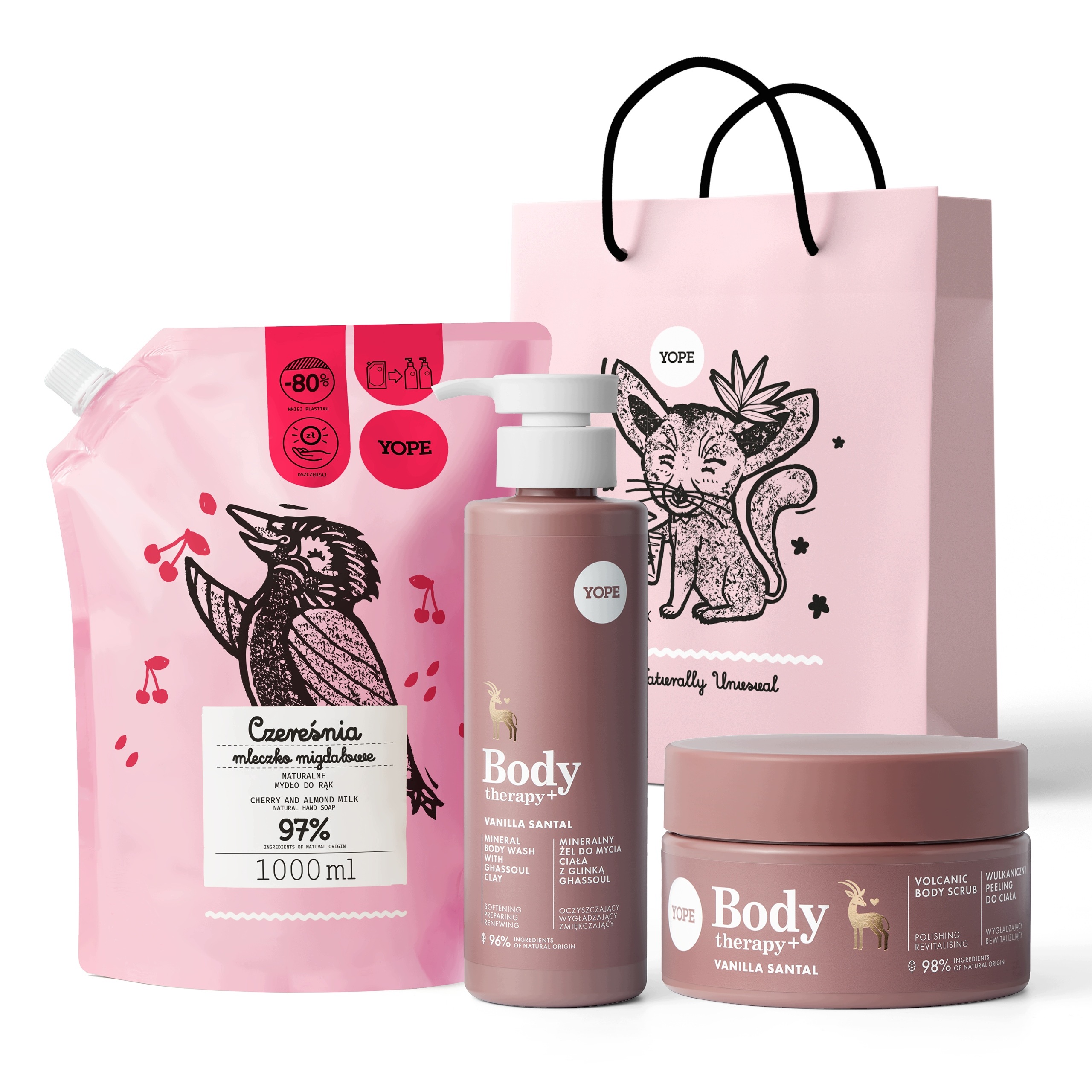 Zestaw: peeling do ciała, żel pod prysznic, refill mydło Czereśnia