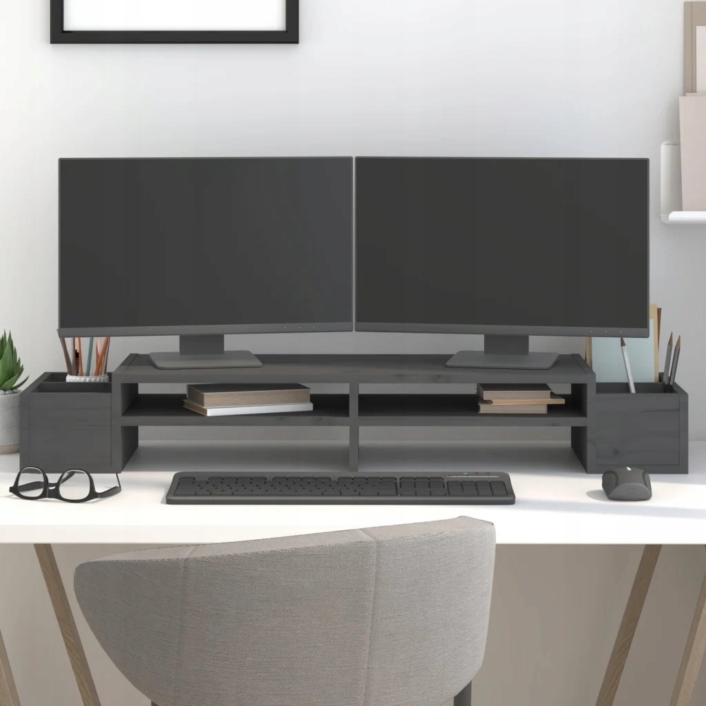 vidaXL Podstawka na monitor, szara, 100x27,5x15cm, lite drewno sosnowe