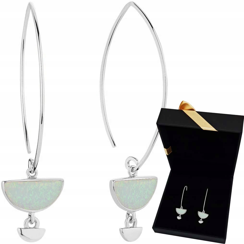 Srebrne Kolczyki Wiszące Długie Biały Opal 925