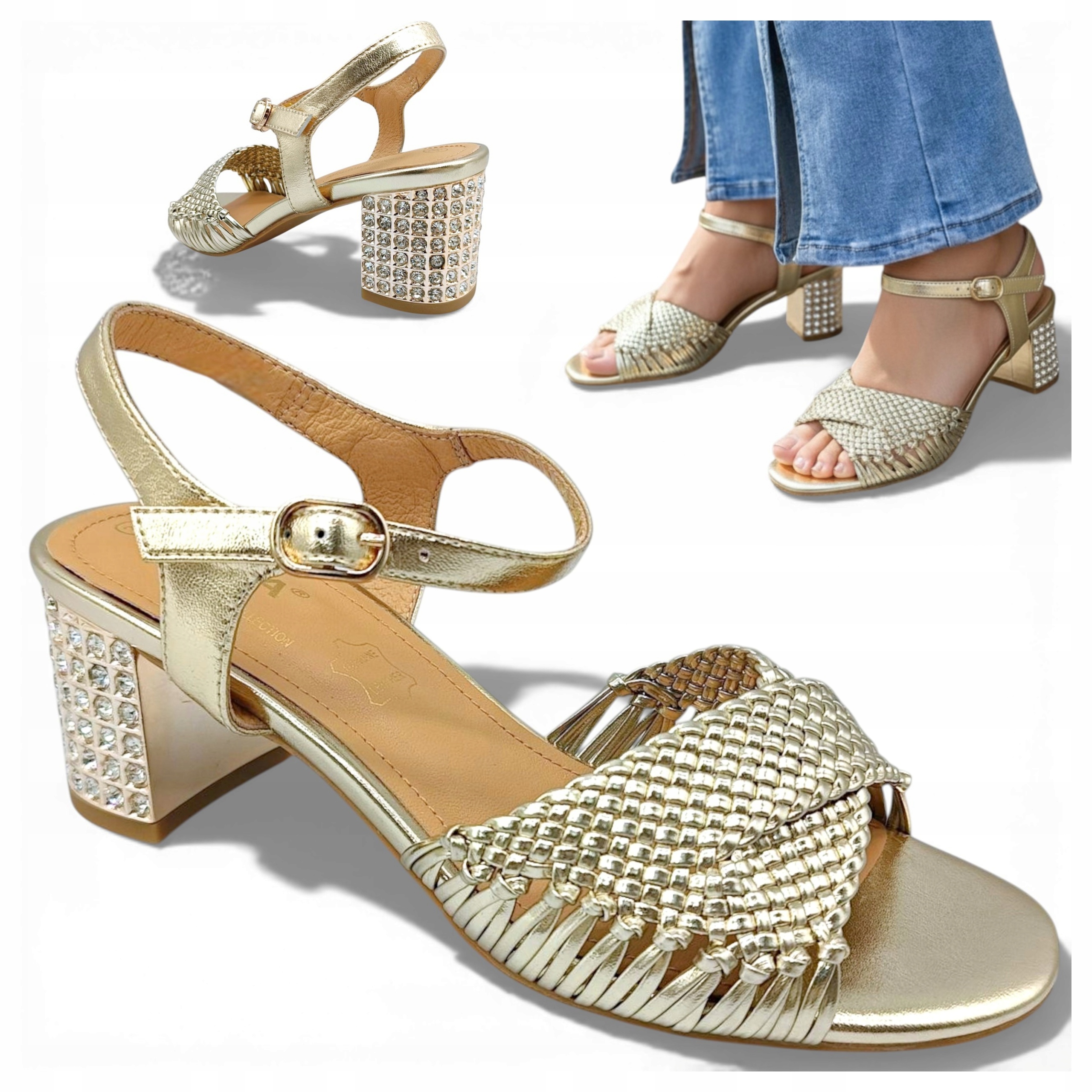 Dámské kožené sandály 39 na podpatku Elegantní Zlaté Nastavitelné Barski