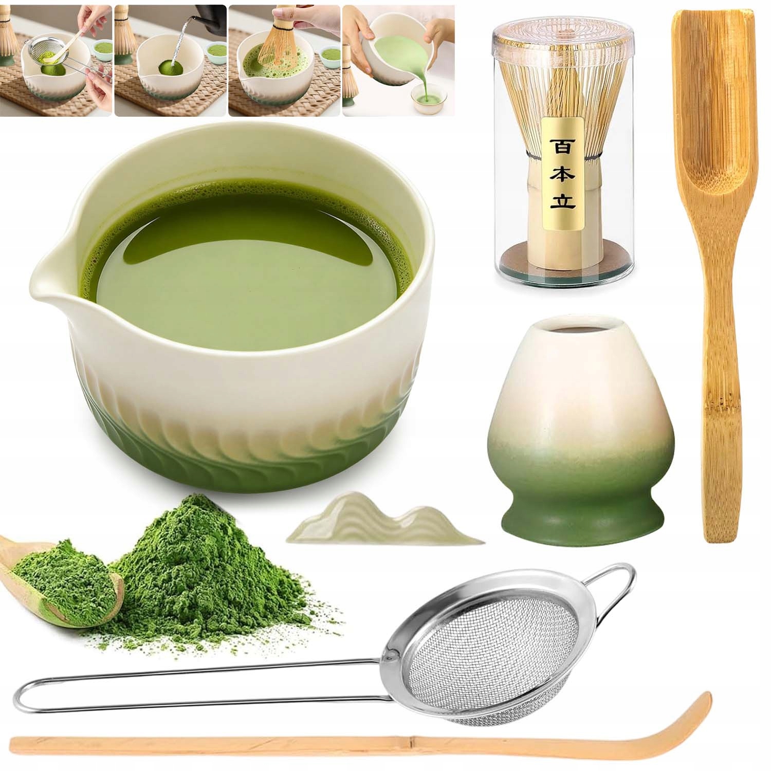 Zestaw Prezentowy Do Herbaty Matcha Czarka Miotełka Podstawka Łyżeczka 7W1