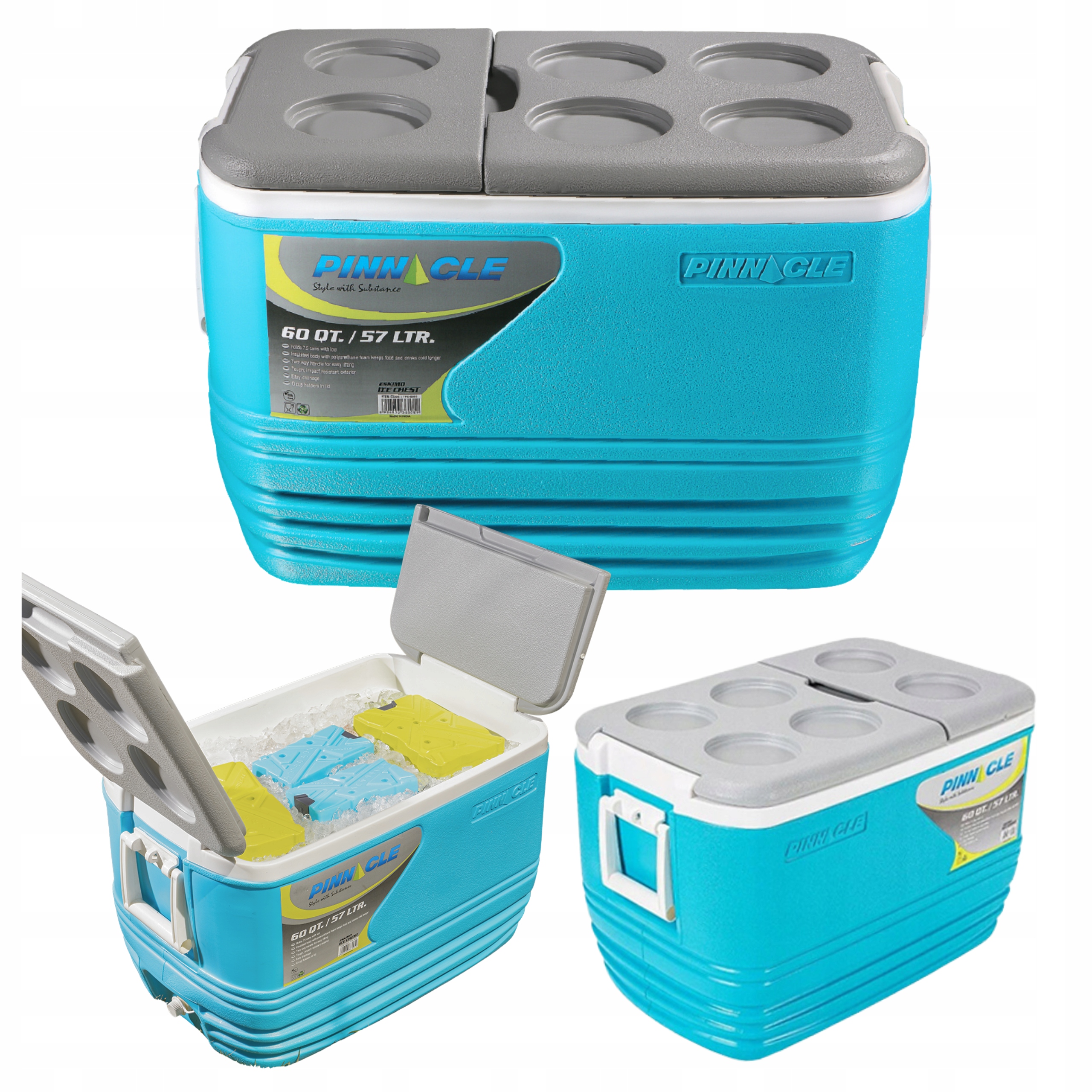 Turistická lednička na mrazicí vložky přenosná Pinnacle 57 l, velká s rukojetí