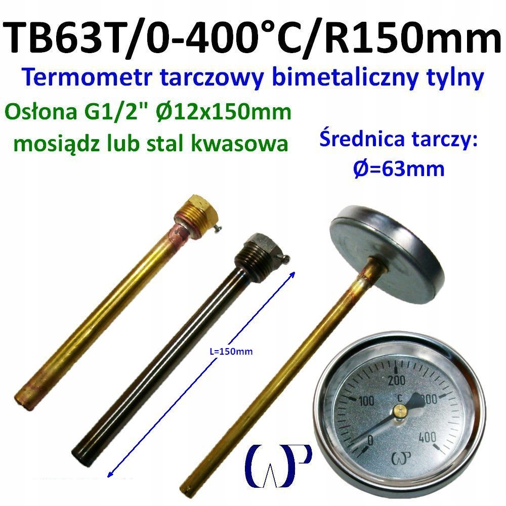 Bimetalový kotoučový teploměr TB63T/0-400°C s mosazným krytem G1/2" 150 mm