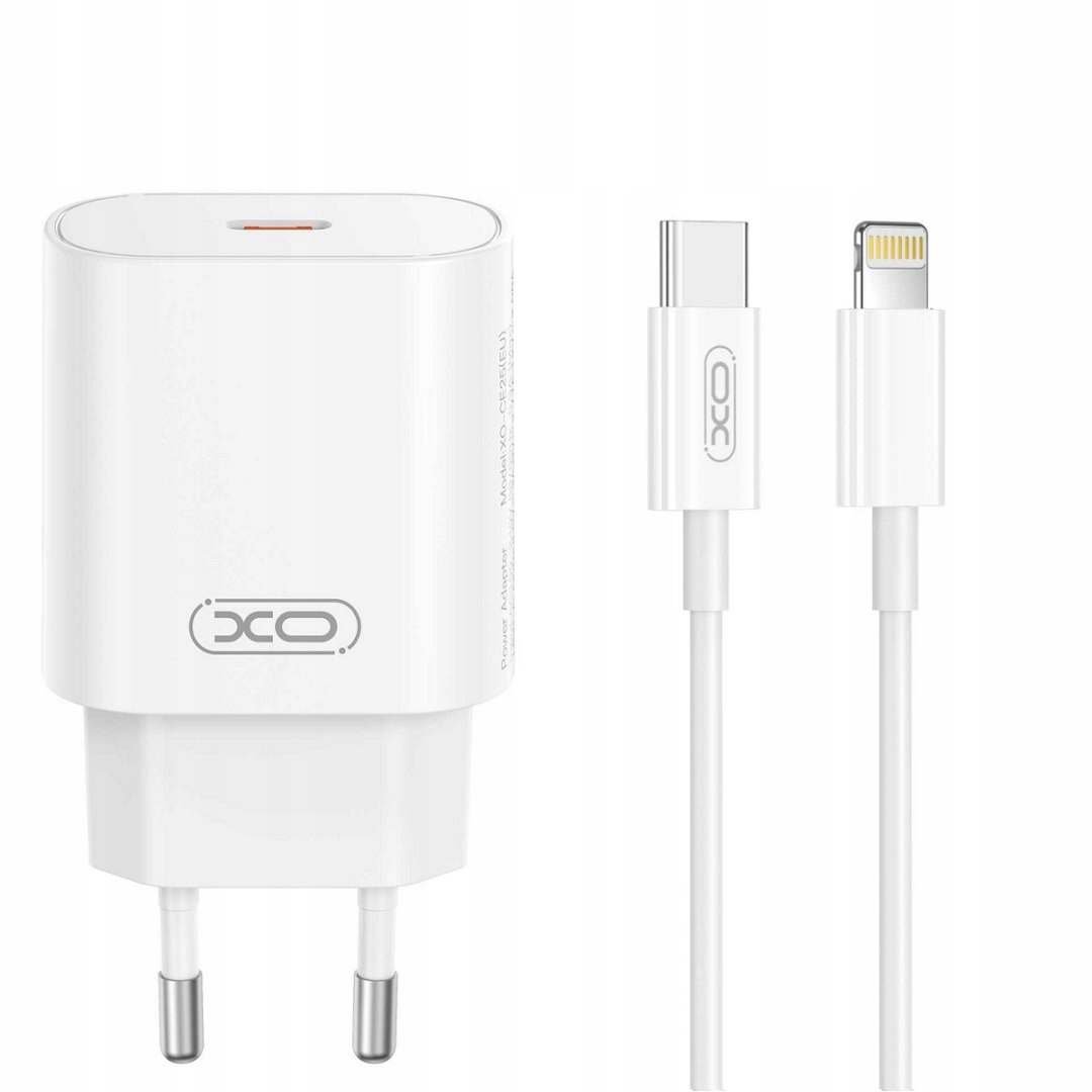 XO CE25 USB-C 25W Biały + Kabel USB-C do Lightning