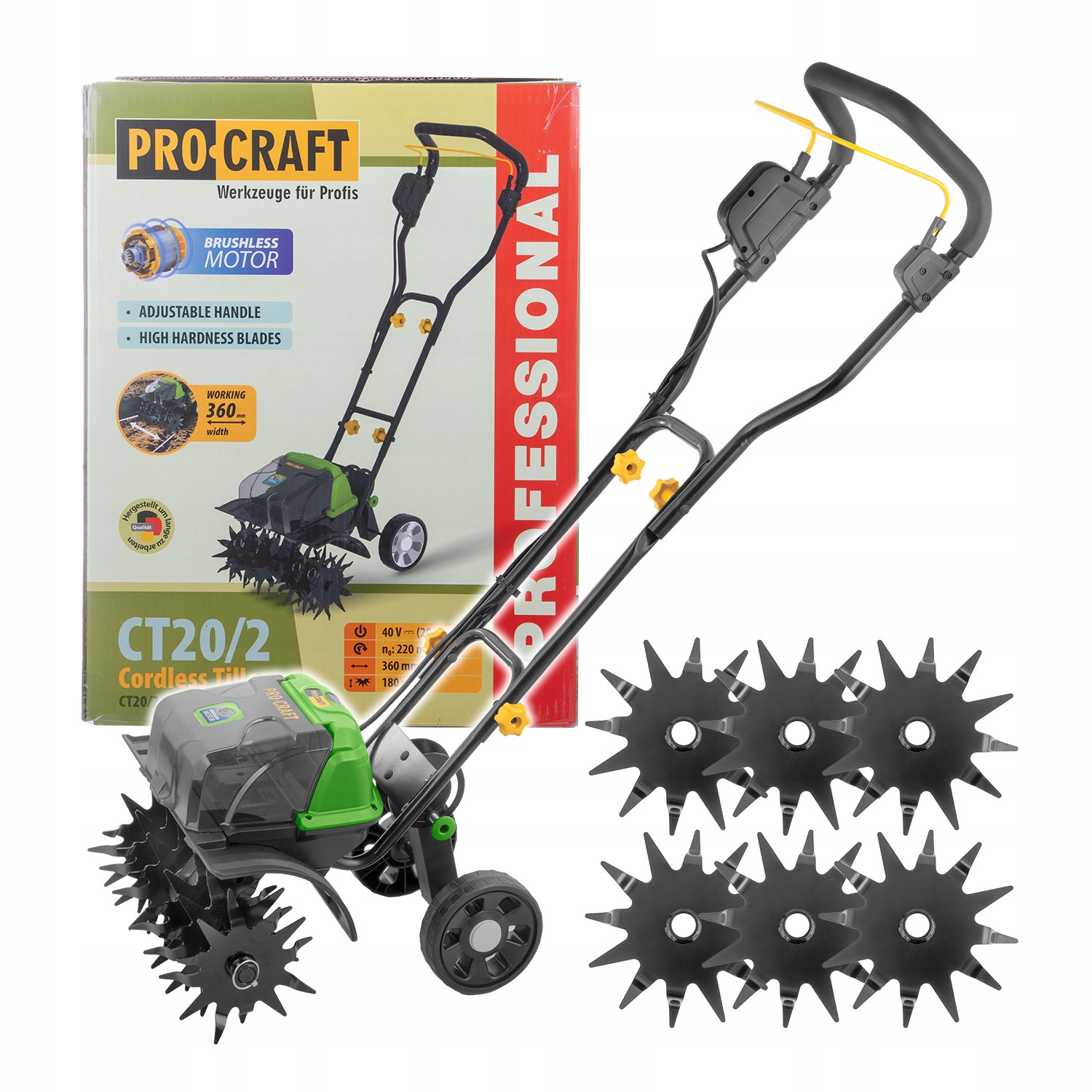 Aku kultivátor Procraft CT20/2 bb (bez batérie a nabíjačky), 360mm šírka