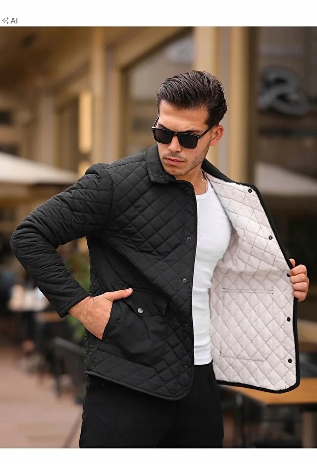 Pánská Prošívaná Bunda Černá S Elegantním Límcem, Velikost 5IA