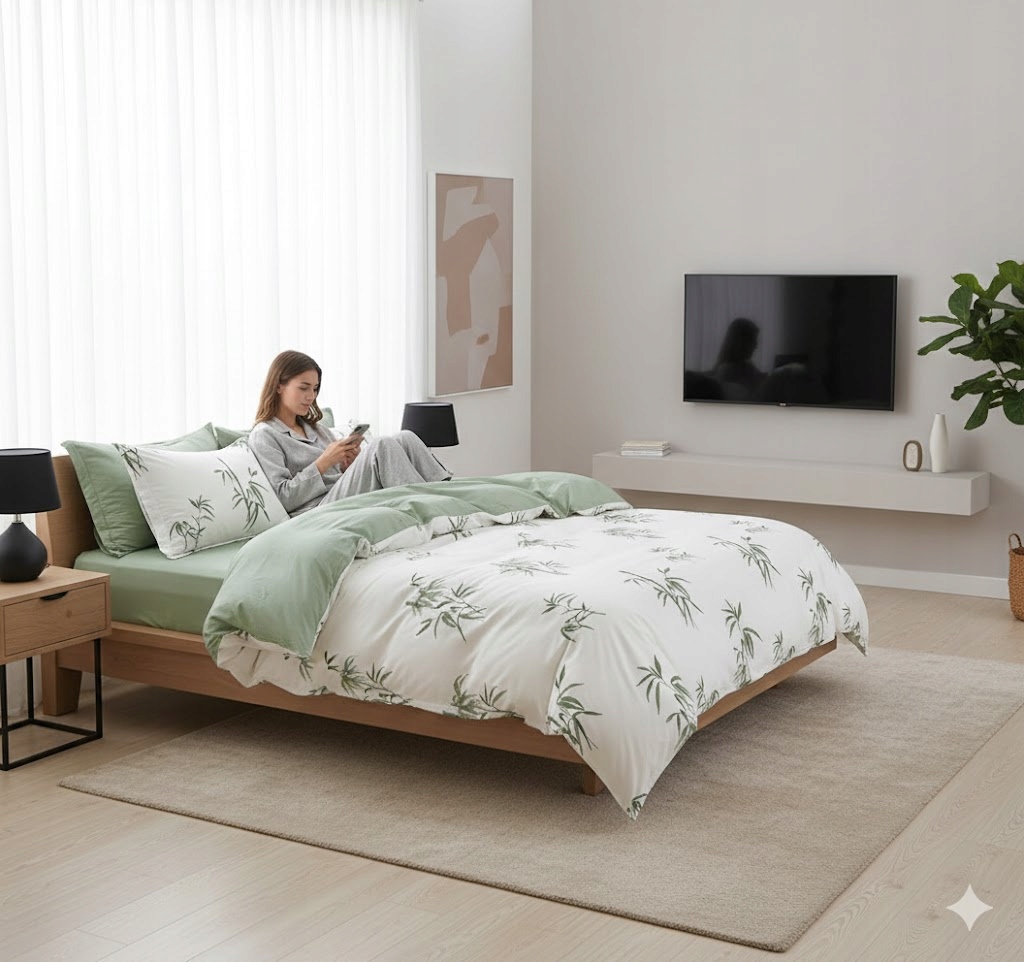 3dílná sada povlečení na peřinu ze 100% bavlny v bambusově zelené barvě, minimalistická ložnice 160x200 cm