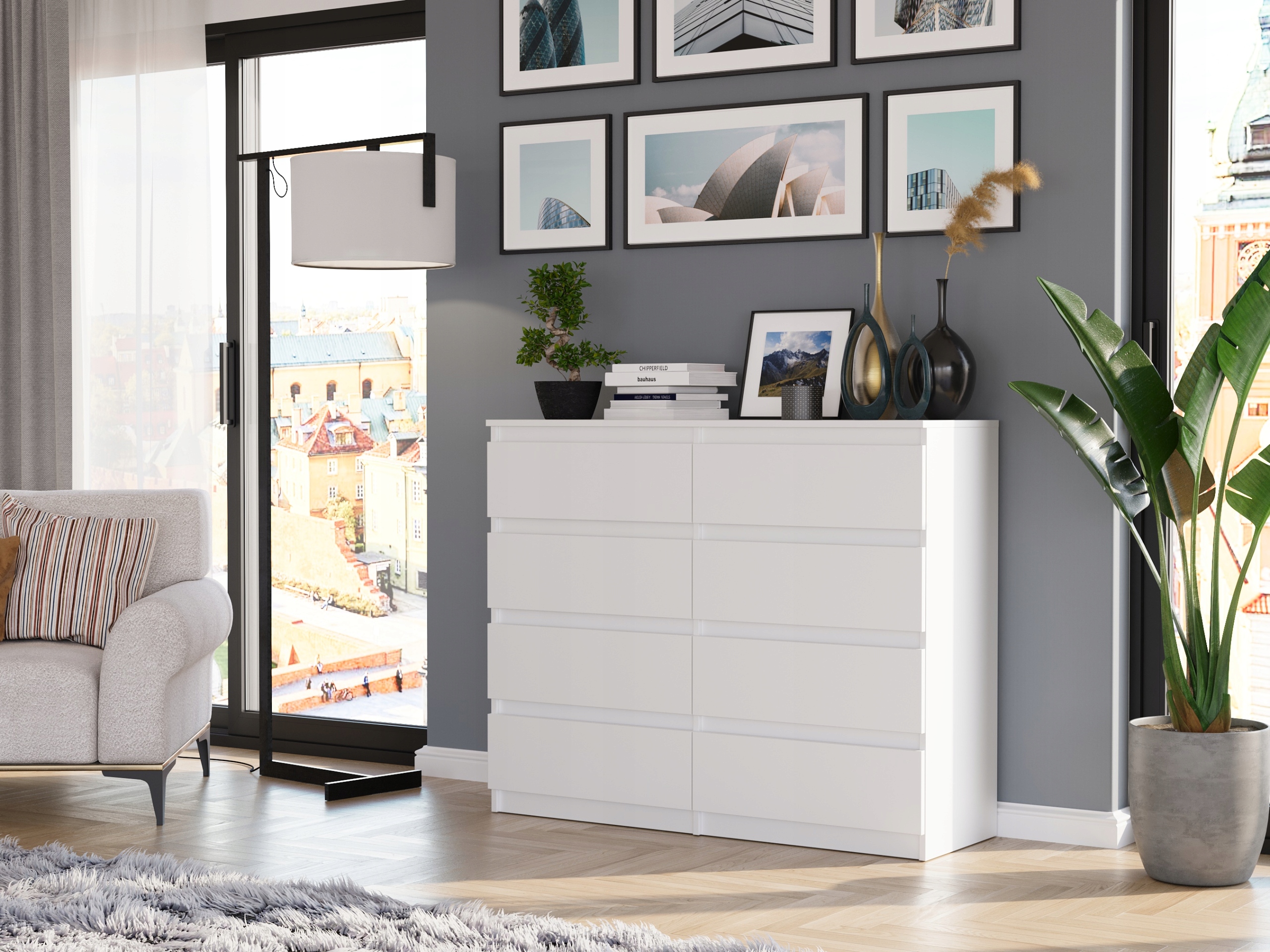 Nowoczesna KOMODA 120CM SZAFKA 8 SZUFLAD BIAŁA PL R-120-S8