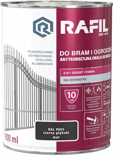 

Farba Rafil Brama Ogrodzenia Mat RAL9005 0,9L