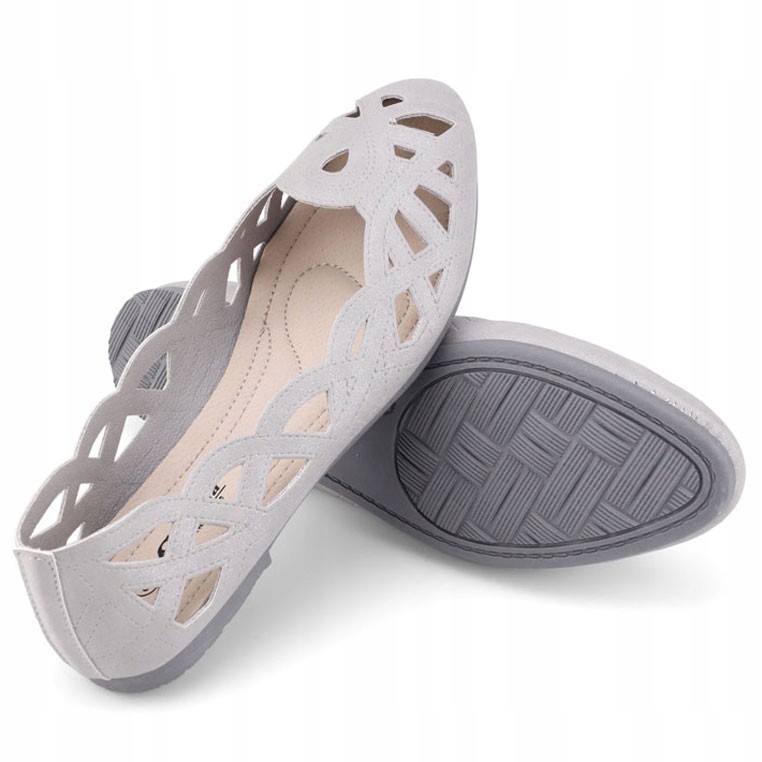 Szare Balerinki Damskie Ażurowe Buty Wsuwane Płaskie Wkładka Ekoskóra