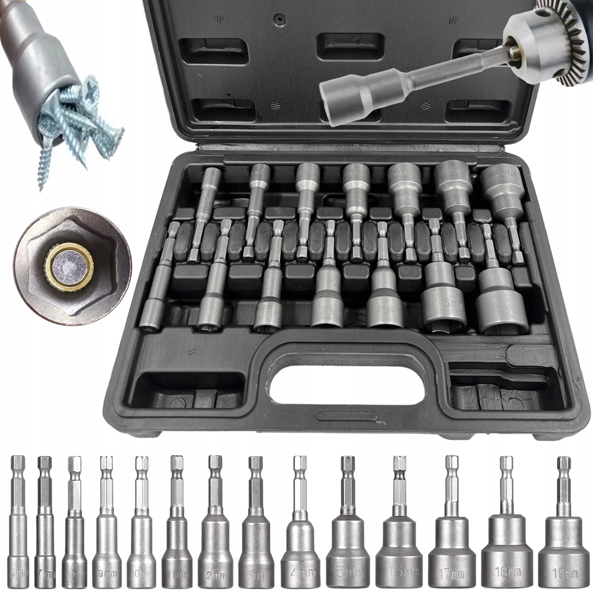 Klucze Nasadowe Nasadki Z Magnesem Do Wkrętarki W Walizce 6-19mm CrV 14szt.