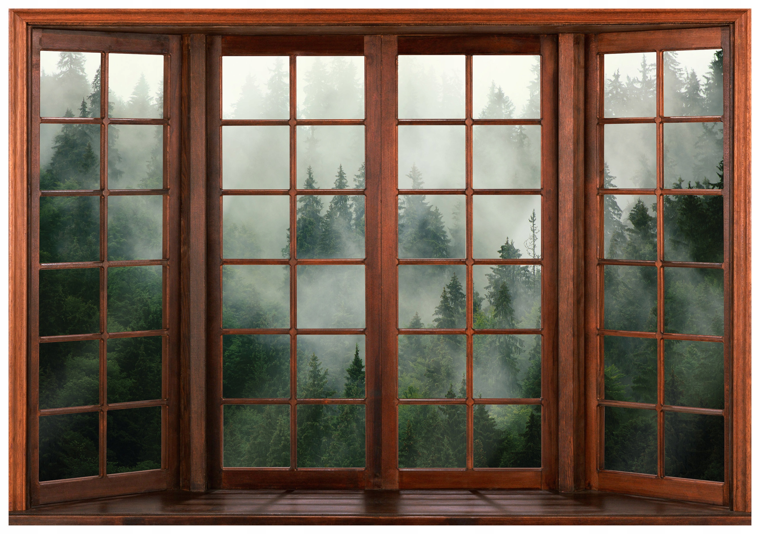 Fototapeta Okno do lesa v mlze iluze přírody perspektiva 312x219 lepidlo