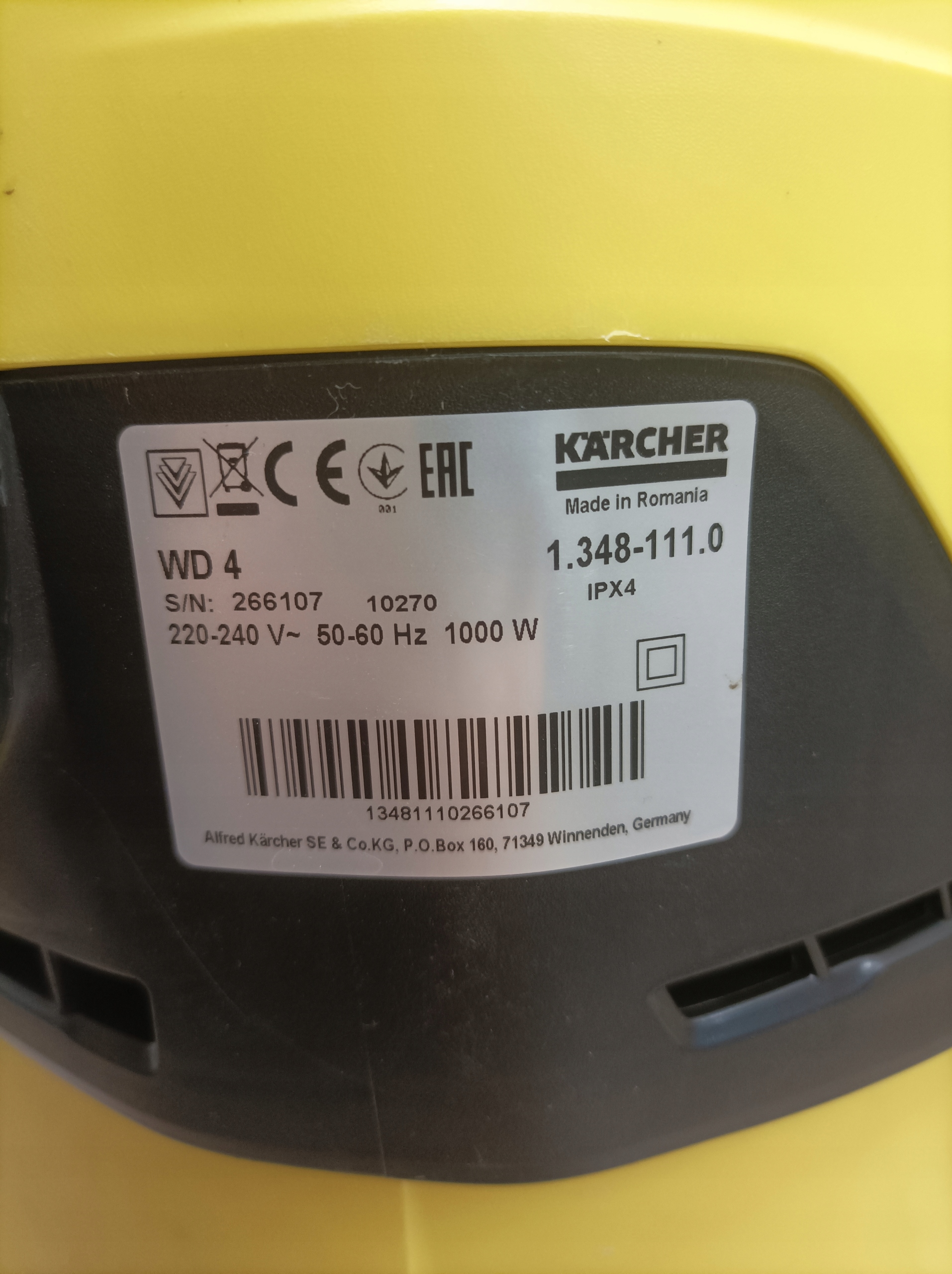 F26 Karcher WD 4 V-20/5/22 Odkurzacz przemysłowy 1000W Informacje dodatkowe bezworkowy