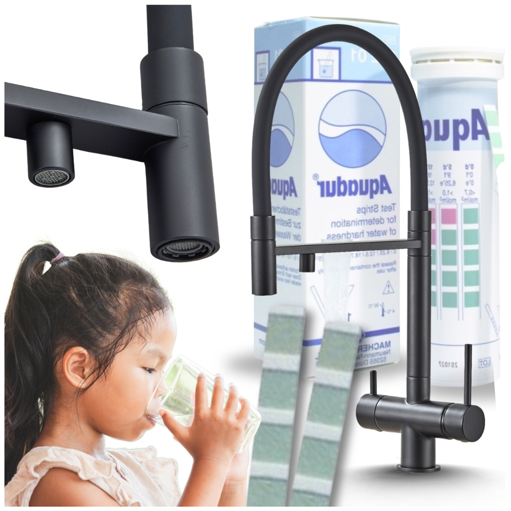 Kuchynská Batéria S Výsuvnou Výtokom Stojaca Trojcestná Otočná Filtračná Čierna