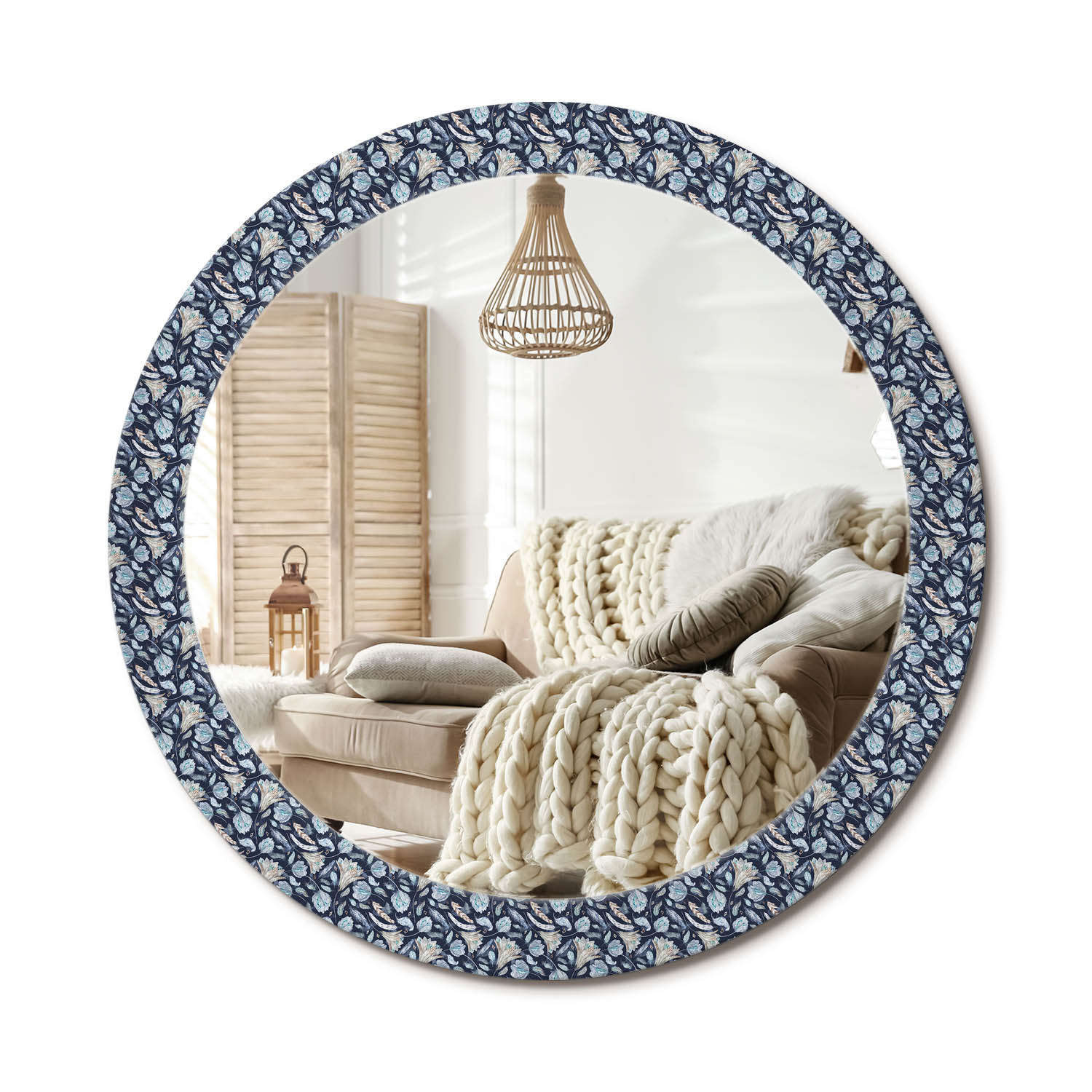 Okrúhle moderné nástenné zrkadlo s potlačou na skle, priemer 80 cm, boho vzor