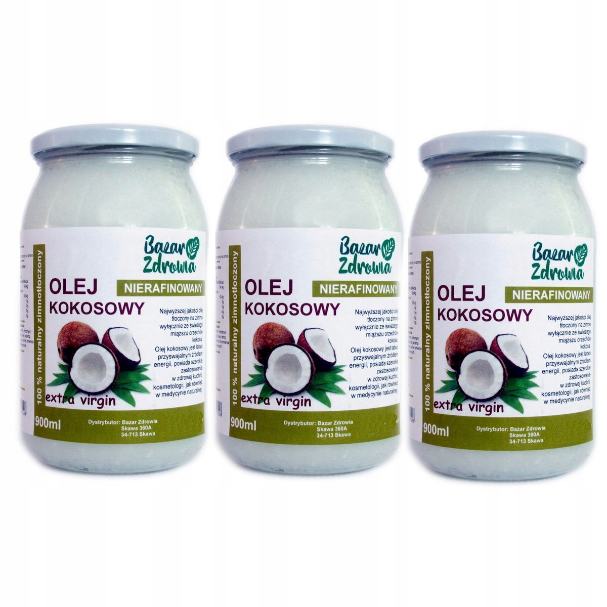 3x Olej Kokosowy nierafinowany Virgin 900ml
