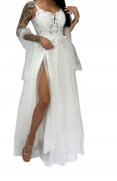 MD tylová bílá šaty s odhalenou maxi nohou M