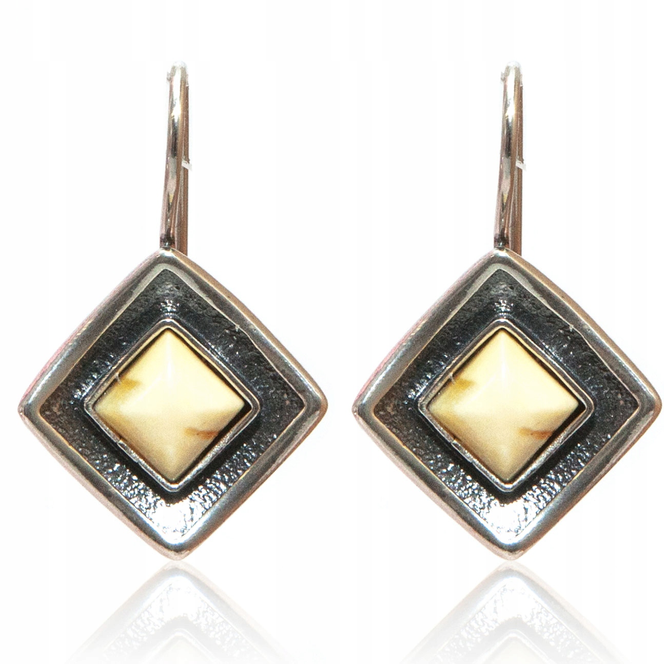 Stříbrné náušnice s jantarem a kosočtvercem, přírodní mléčný jantar stříbro 925