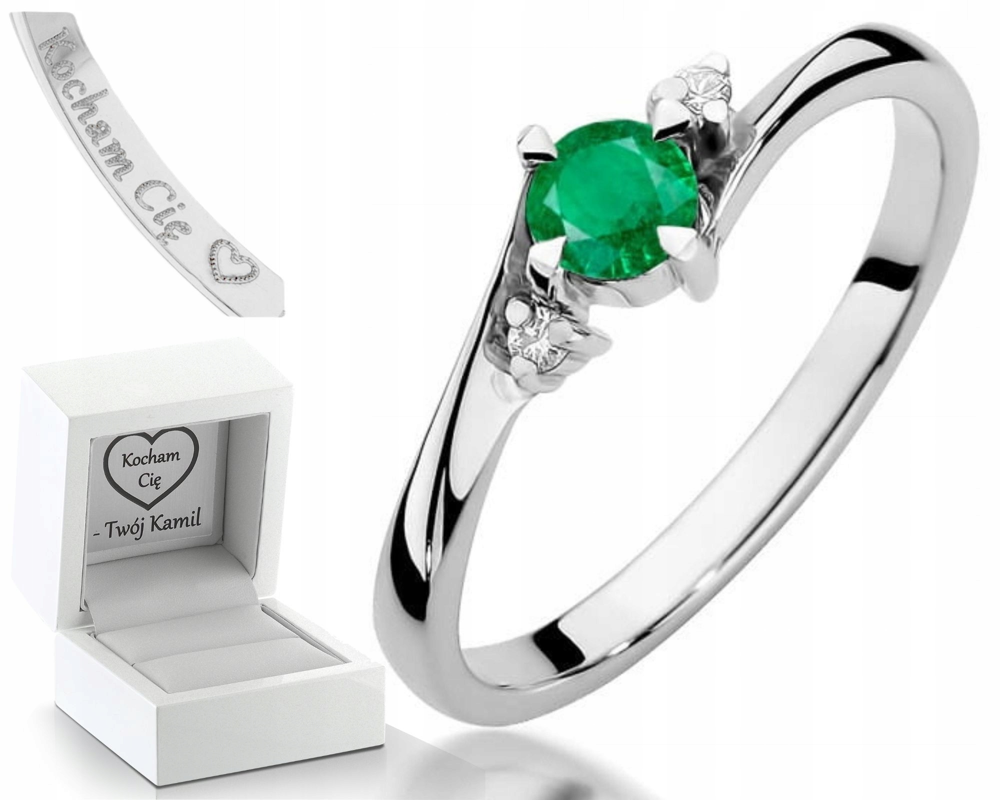 Zásnubní Prstýnek Smaragd Brilianty Bílé Zlato Gravírování 585 Bonus