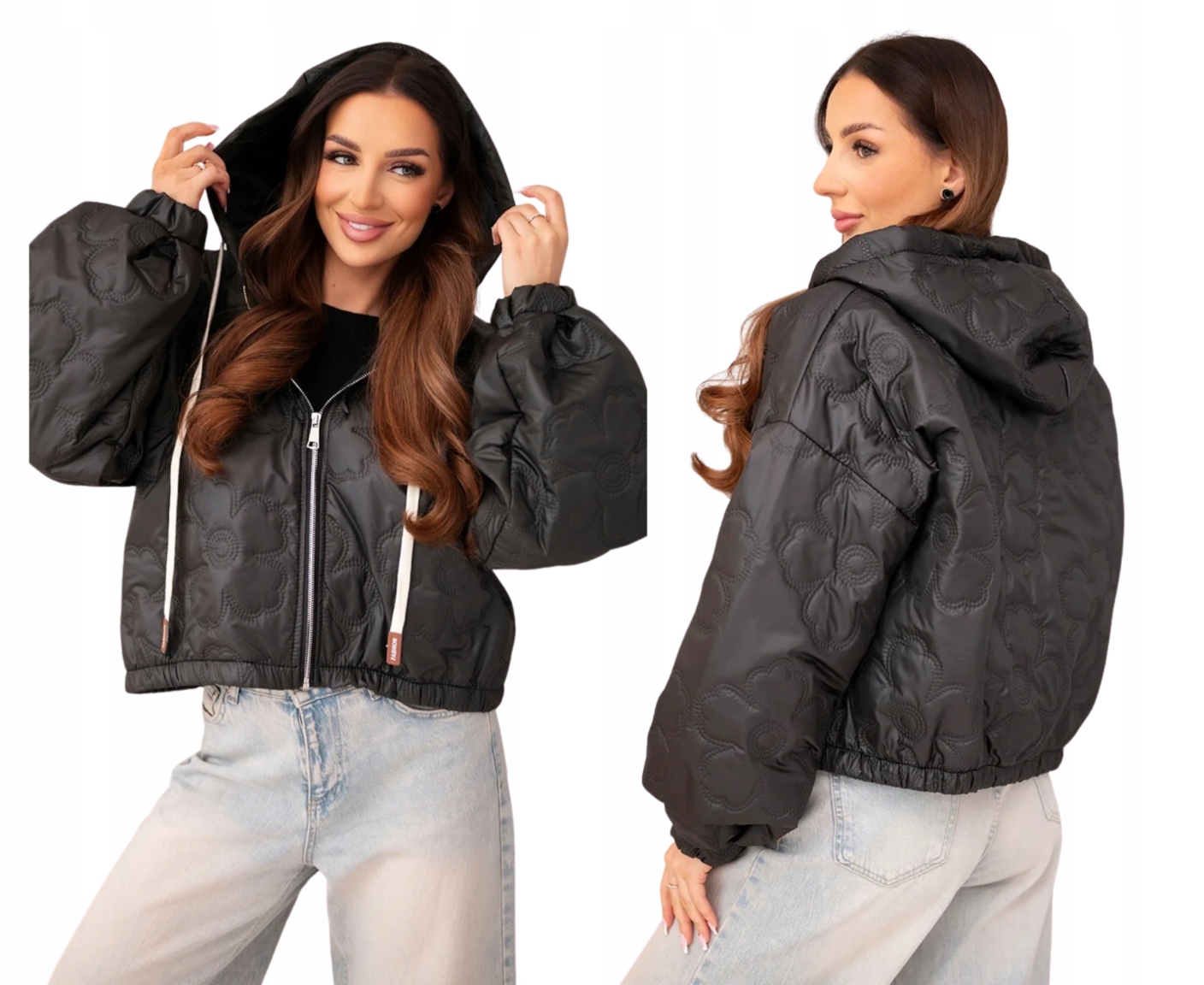 Černá dámská bomber bunda s kapucí a vyraženým vzorem