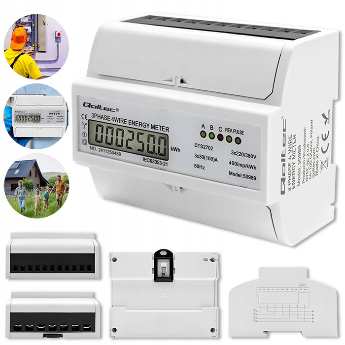 Dvousměrný měřič energie 3-fázový 100A Din LCD 400V pro Pv