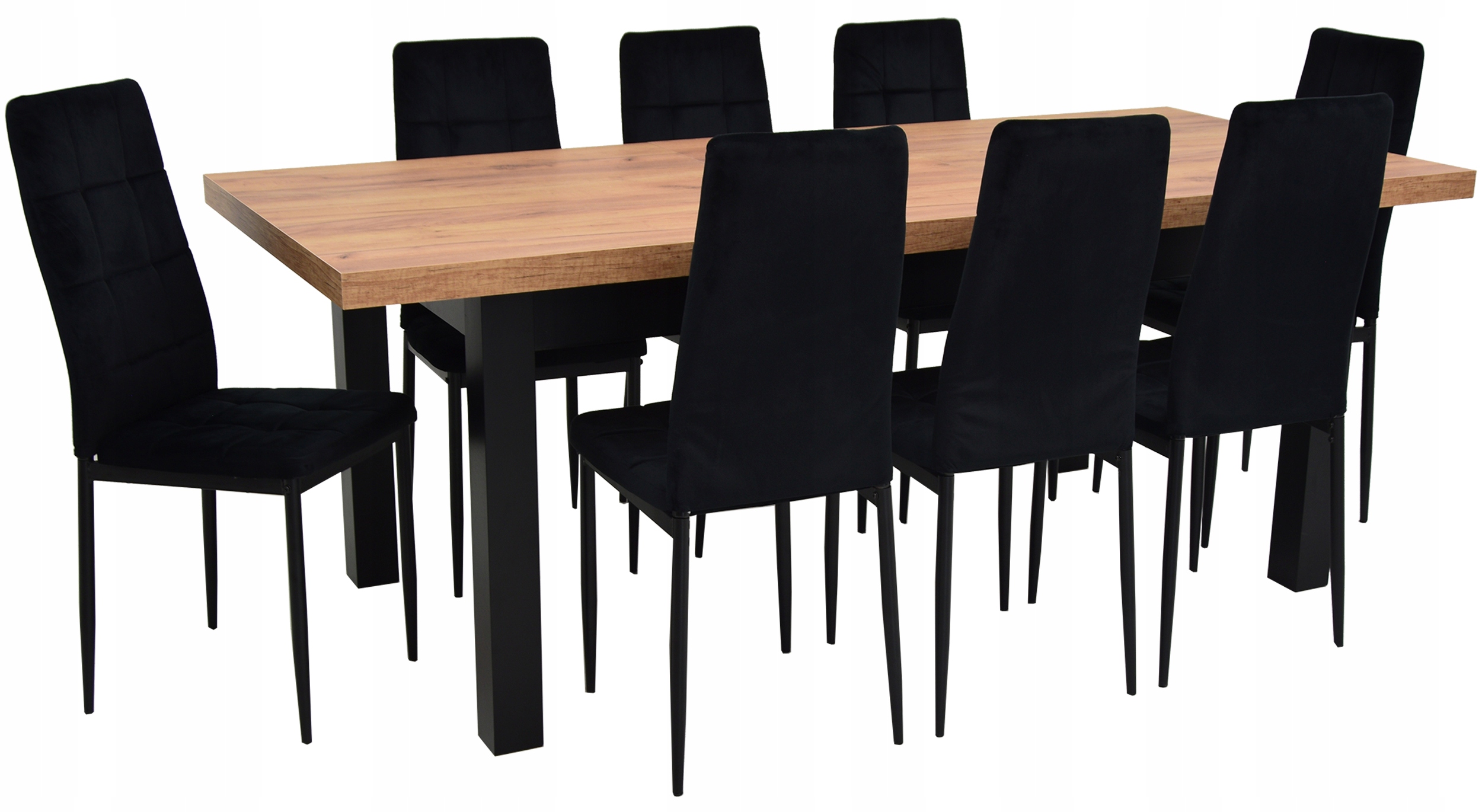 Duży komplet STÓŁ 90x170/250 z 8 krzesłami CZARNE