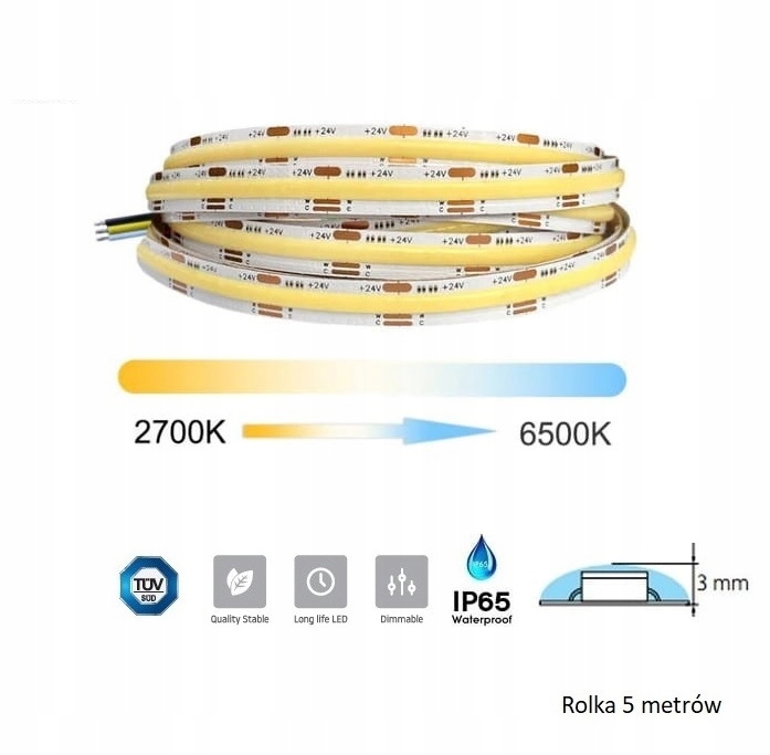 Taśma Led Cob Cct Premium 24V 14W/m 10mm IP65 rolka 5metrów