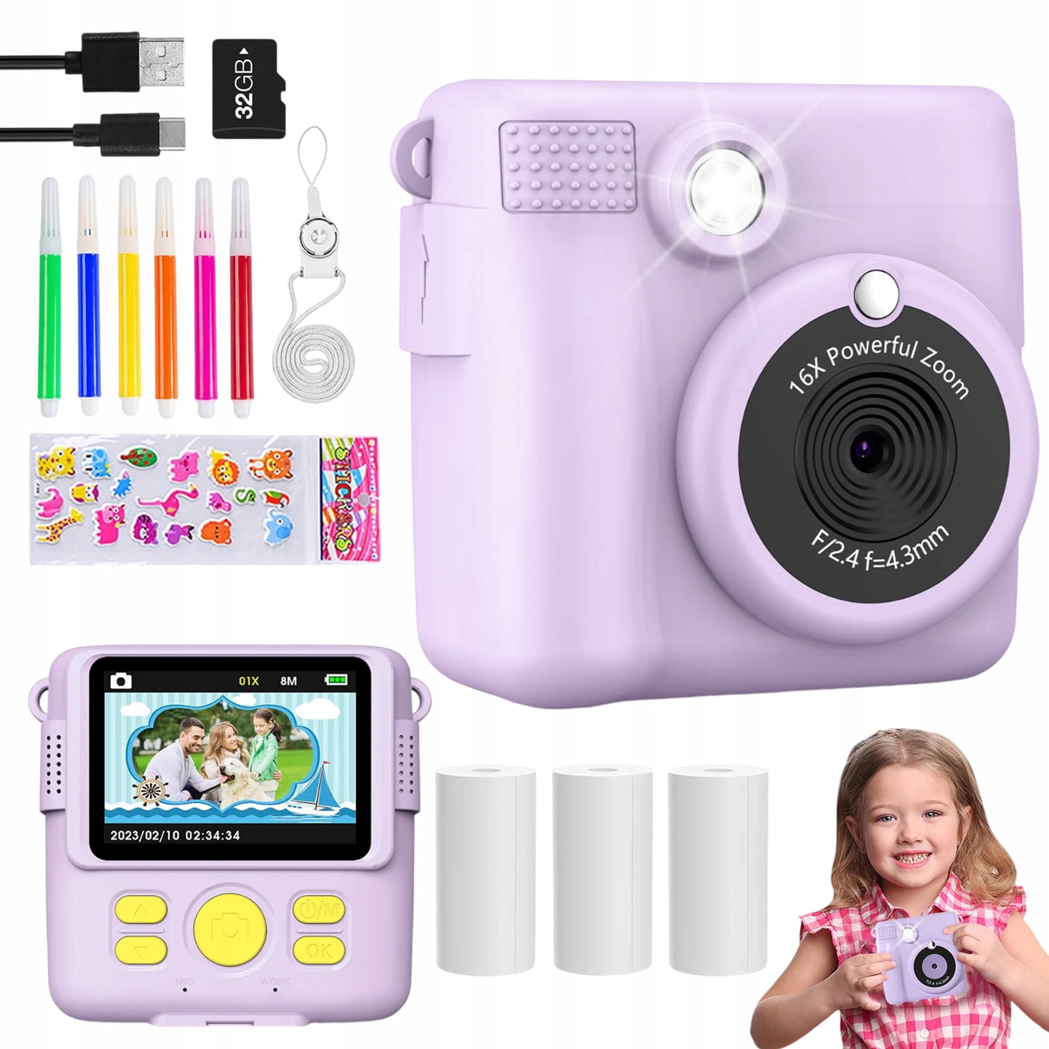 Fotoaparát Pro Děti Okamžitý Tisk 2.4IPS 32GB Dárek