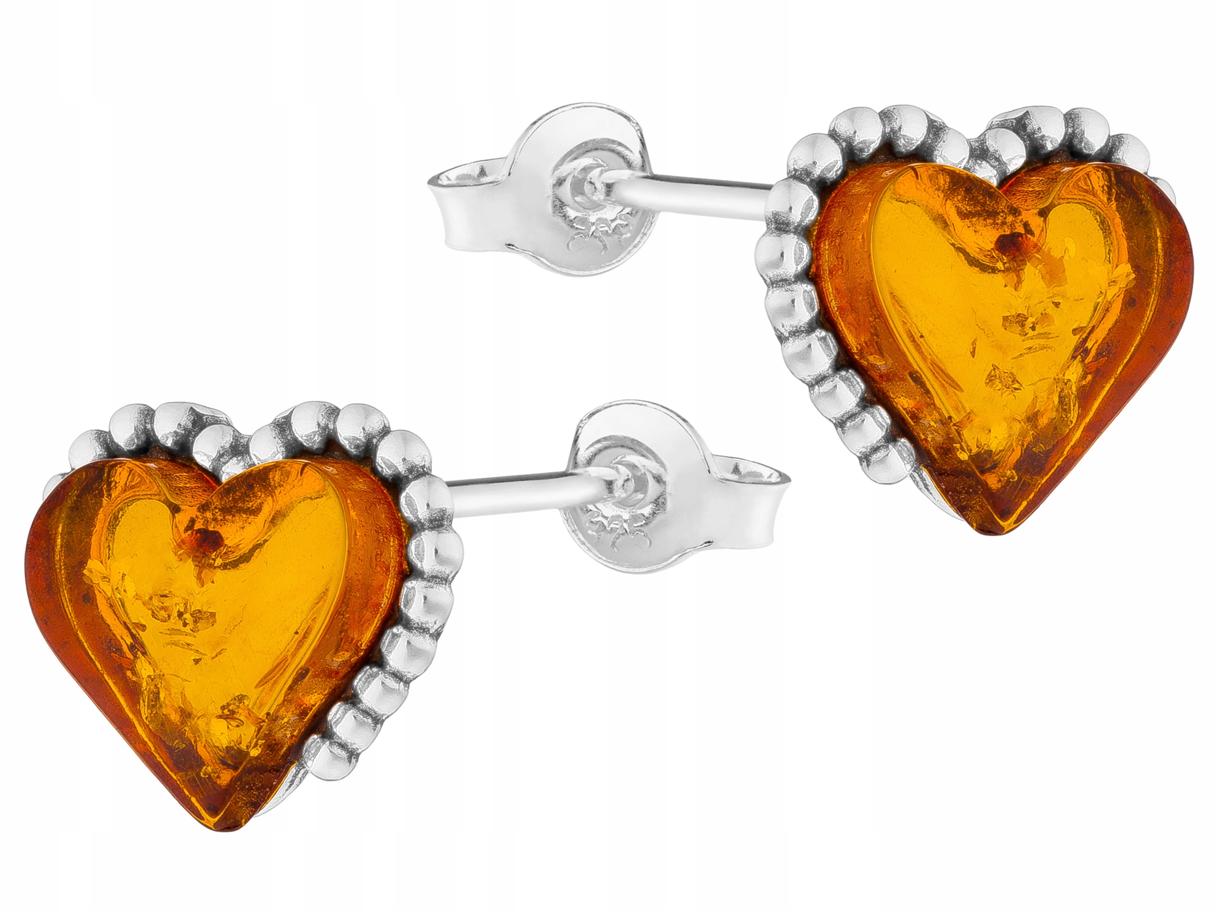 Náušnice Stříbrná Srdce s jantarem Oxidované Dámské šroubky Srdíčka