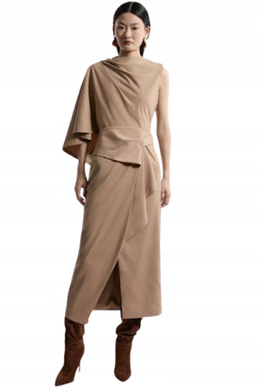 Karen Millen Petite Béžová Šaty MIDI S Asymetrickým Rukávem 36 B1F