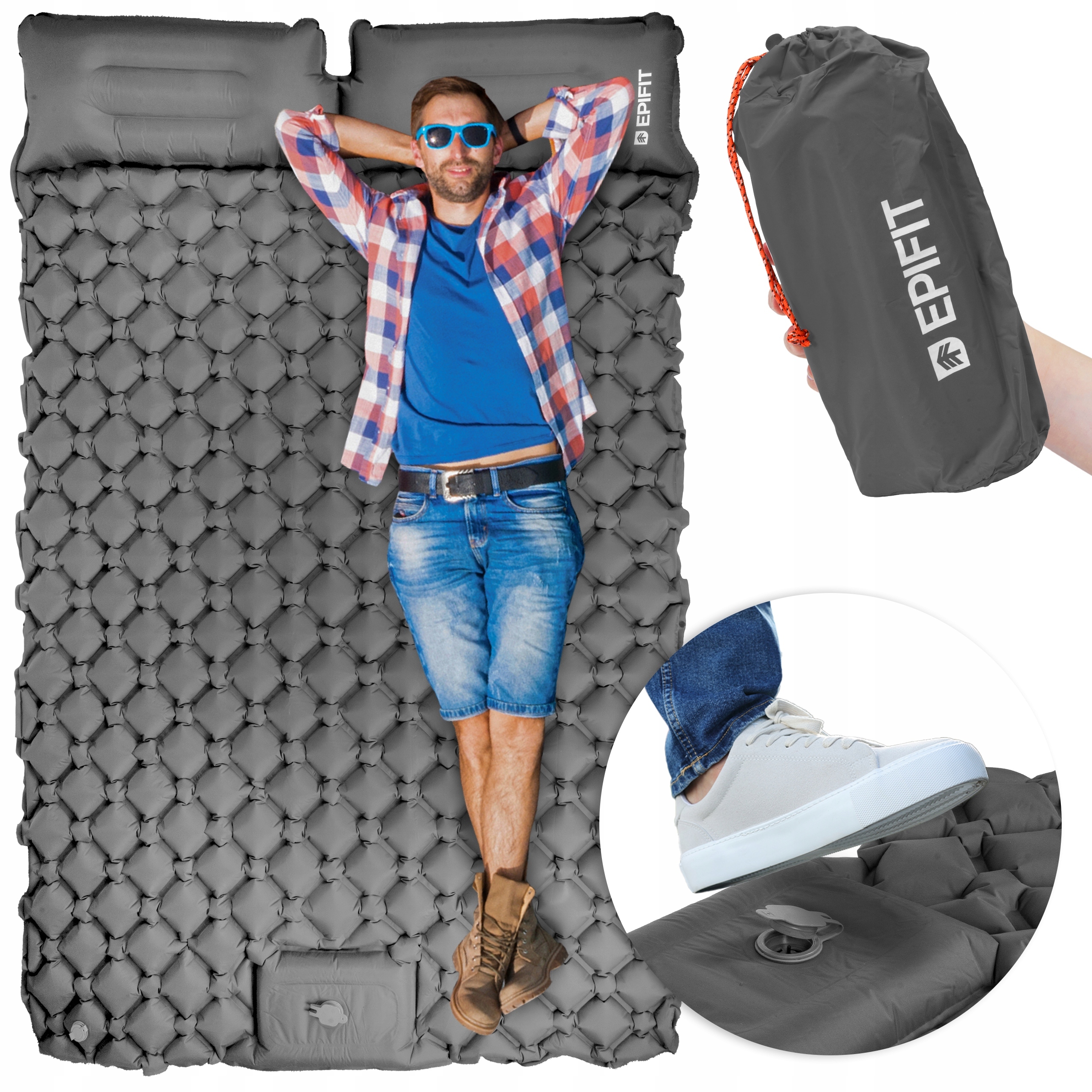 Materac Samopompujący Turystyczny Kempingowy Dwuosobowy Wbudowana Pompka