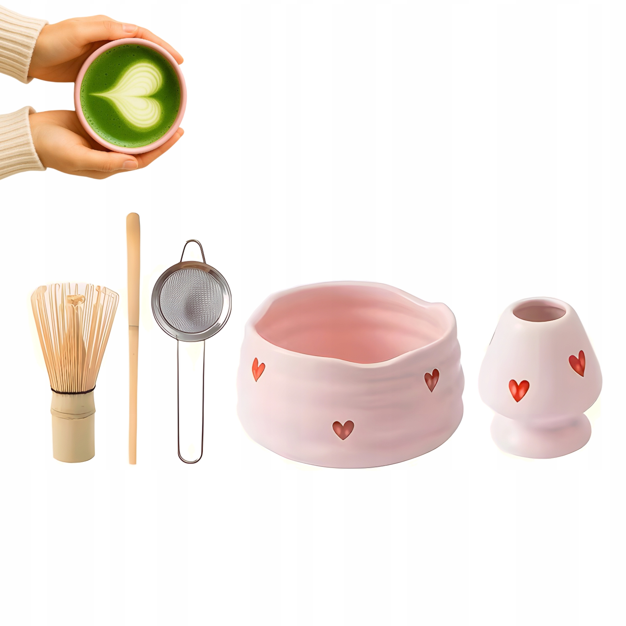 Levně Sada pro Matchu Japonská 5v1 Dárková Růžová Srdce Obřad Čaj