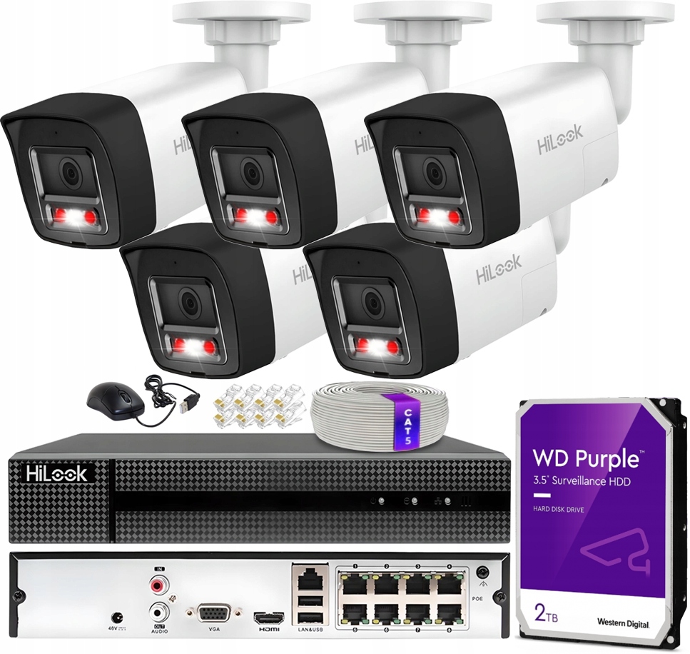 Zestaw Monitoringu Ip 8Mpx UltraHD 5 Kamer IPC-B180HA-LUF/SL PoE Dysk 2TB