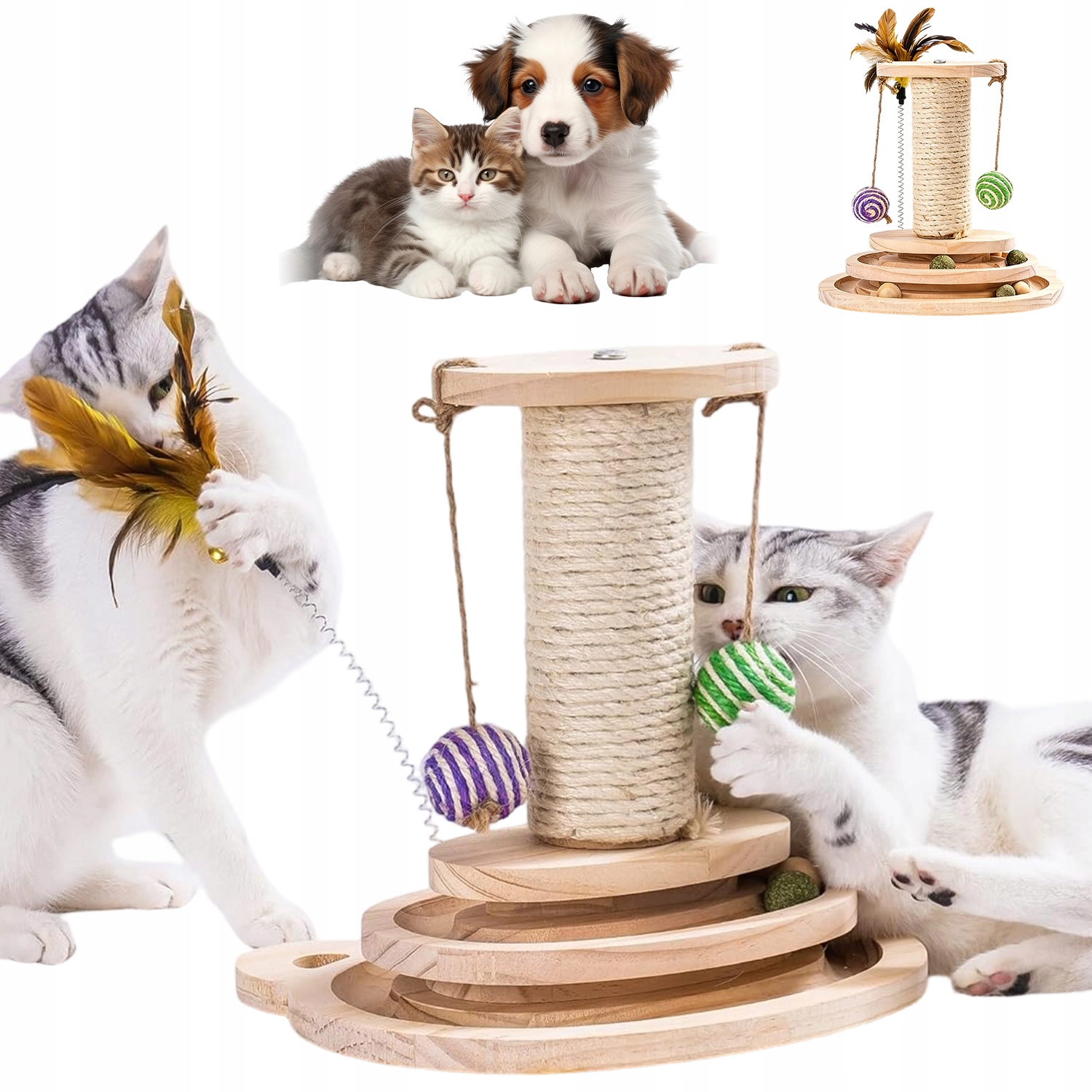 Levně Škrabadlo Pro Kočky S Peřím Dřevěná Hračka Sisalové Kuličky Koleje