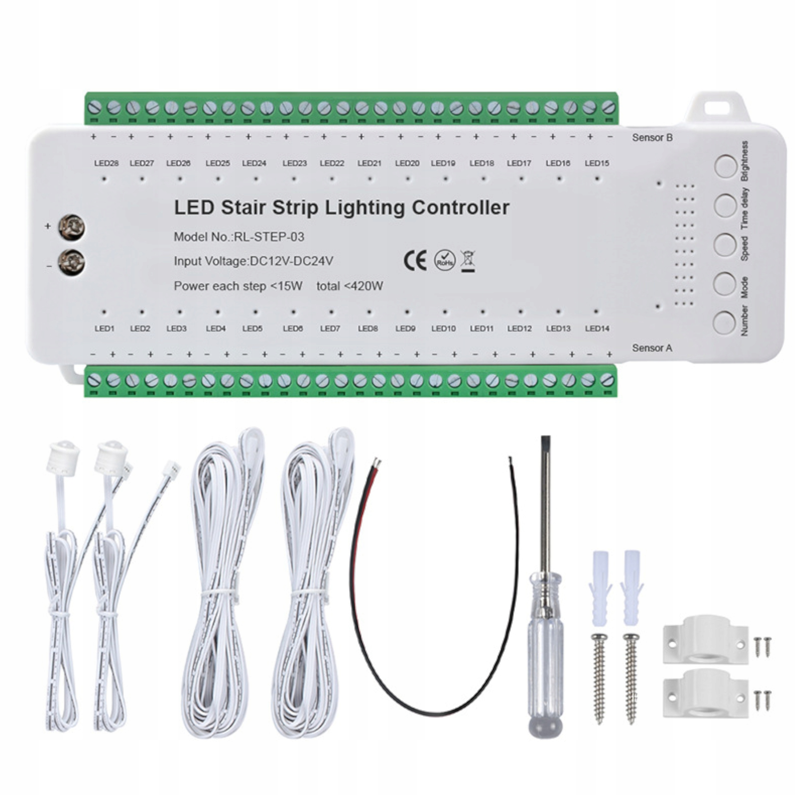 STEROWNIK SCHODOWY 28 STOPNI 240W 12V 24V + PIR