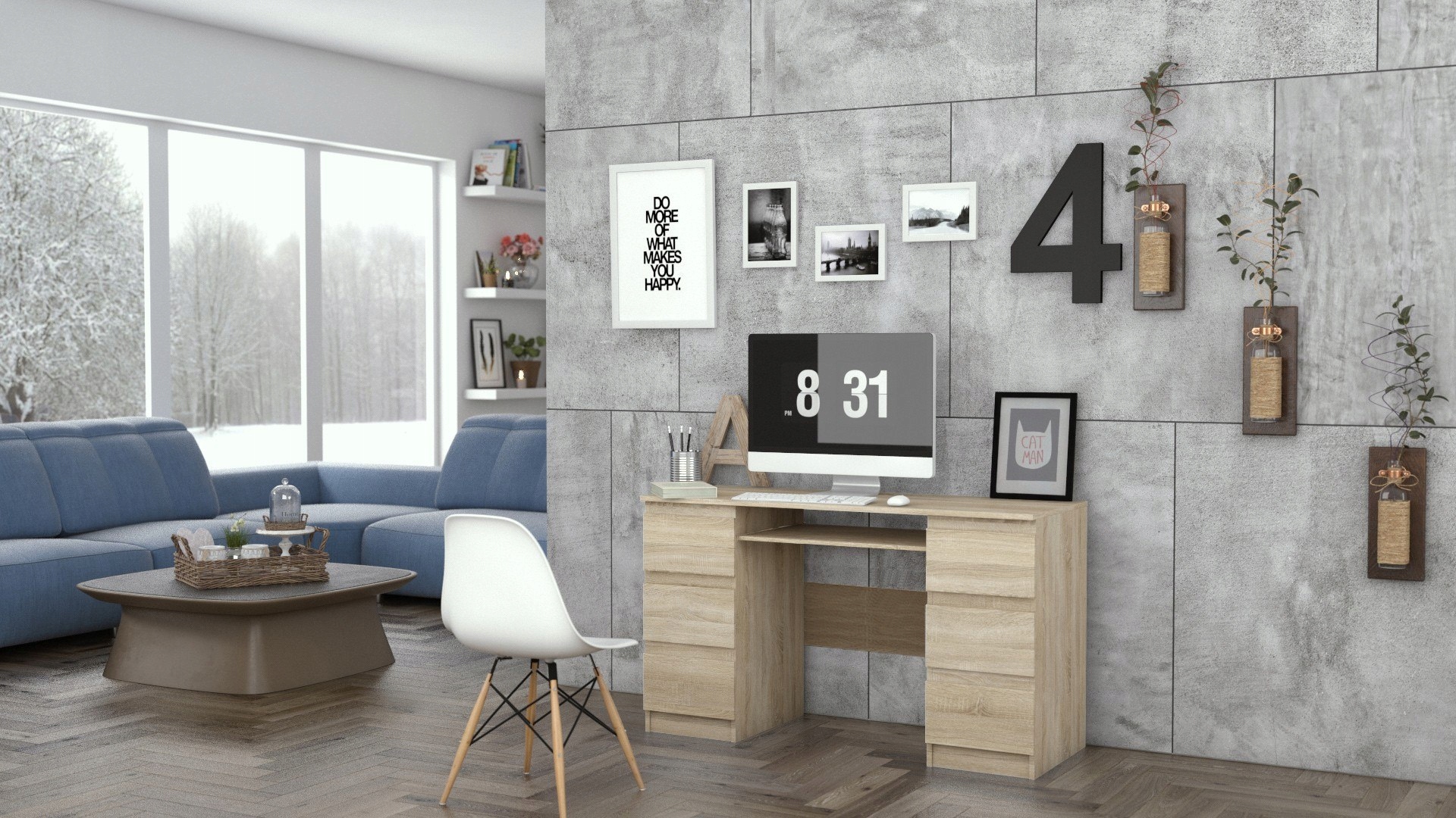 Biurko komputerowe KUBA dąb sonoma 6 szuflad Wysokość przestrzeni na nogi 60 cm