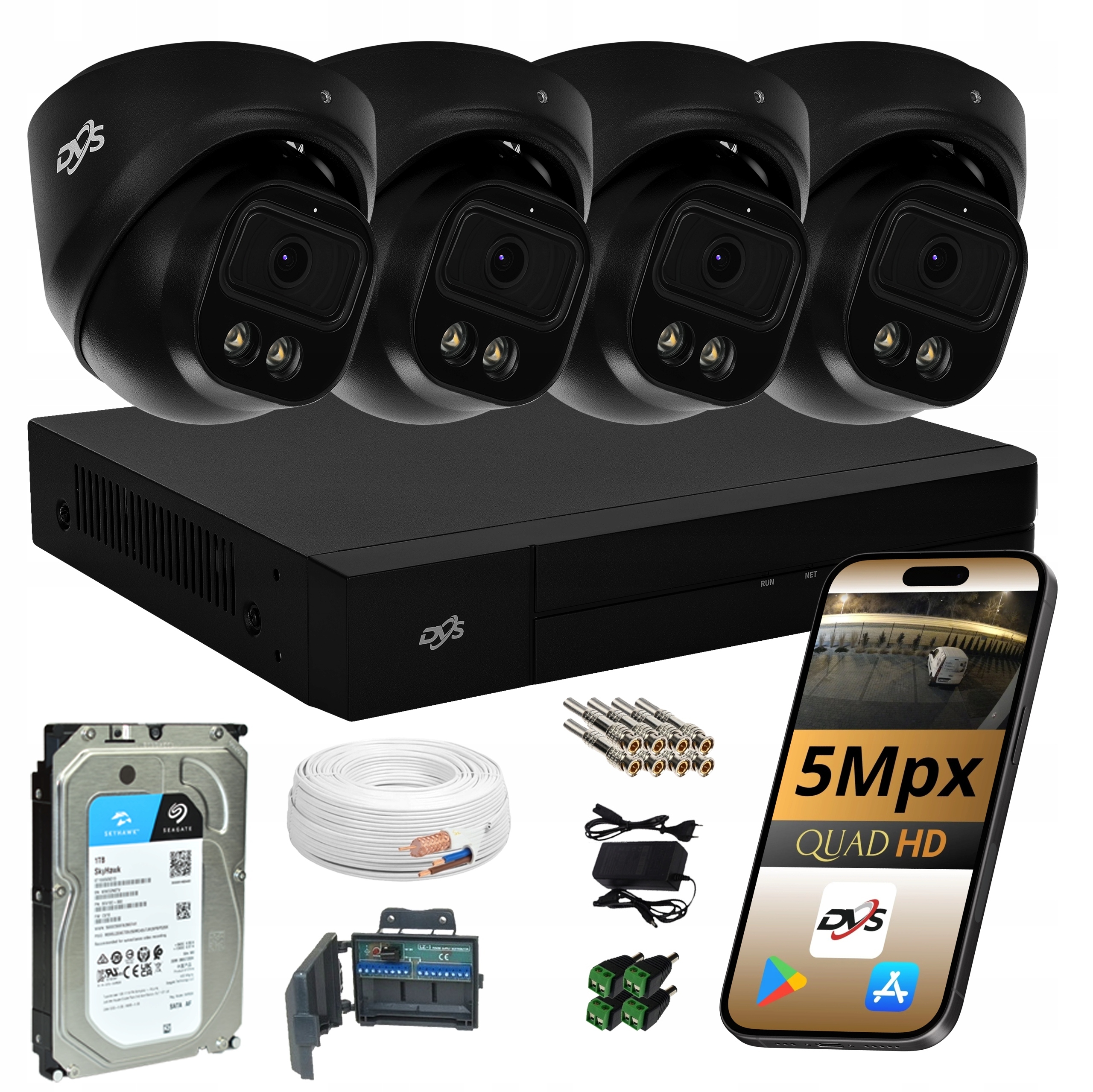 Sada 4 Monitorovacích Kamer Černé Venkovní Kamery Kopule 5Mpx Dvs 1TB