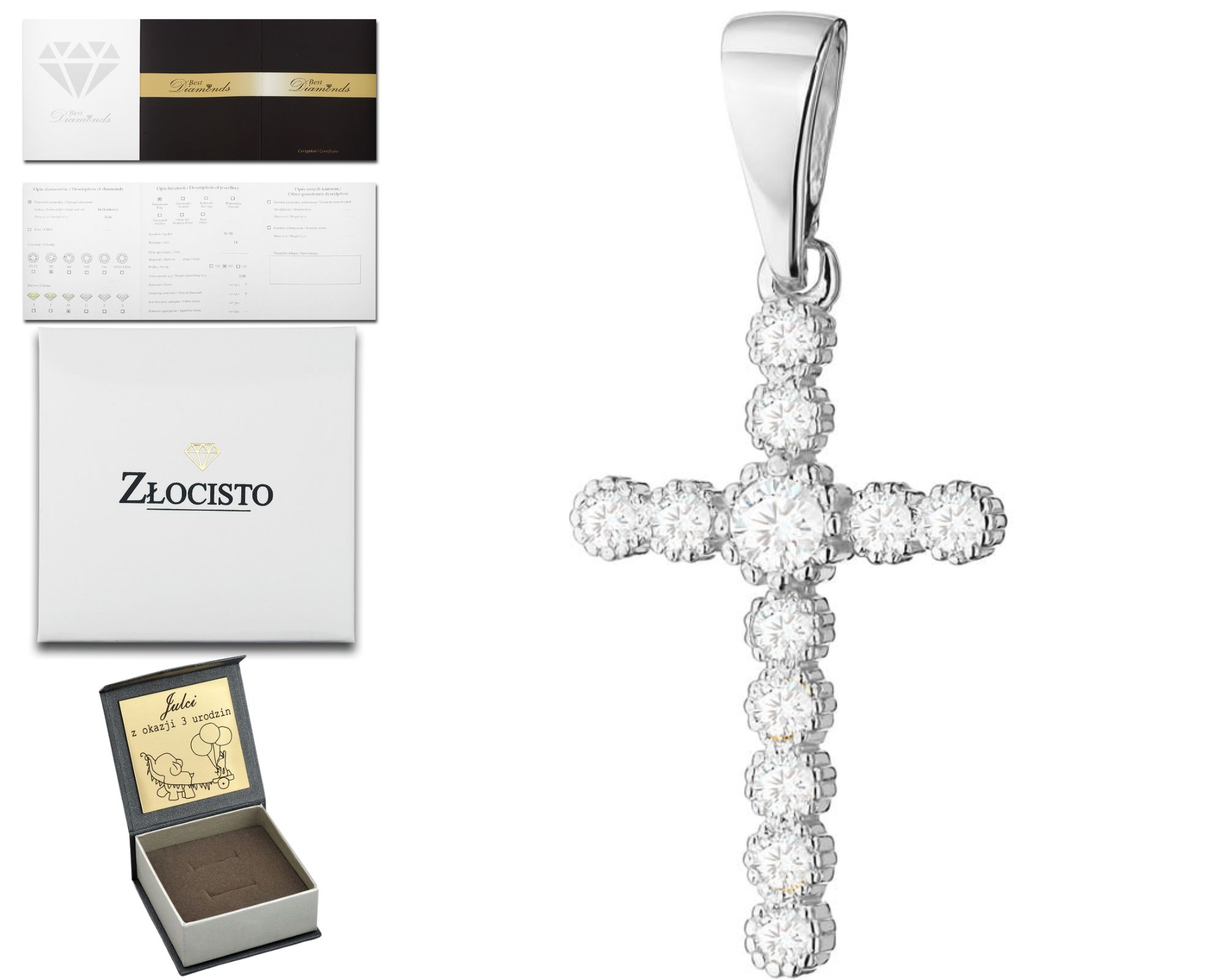 Bílé Zlato Přívěsek Křížek Diamanty Dárek 585 Gravírování Pro Ženu